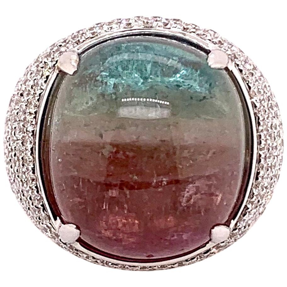 Cabochon Rainbow Paraiba Tourmaline Diamond Domed Ring For Sale