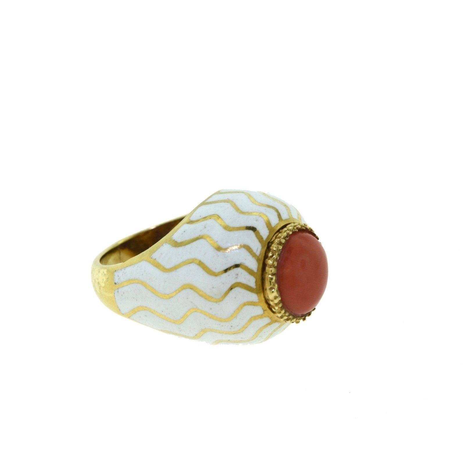 Cabochon Red Coral Cocktail White Enamel Dome Ring in 18 Karat Yellow Gold In Excellent Condition For Sale In Miami, FL