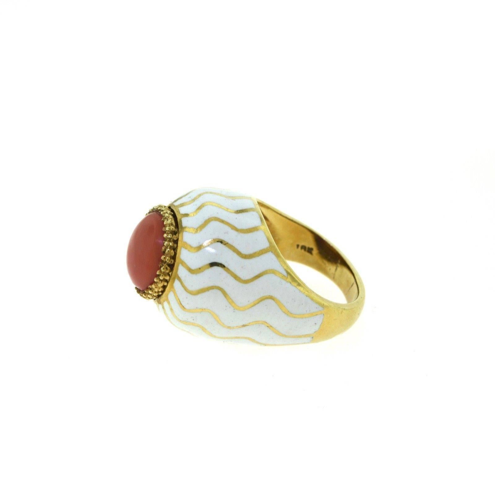 Women's or Men's Cabochon Red Coral Cocktail White Enamel Dome Ring in 18 Karat Yellow Gold For Sale