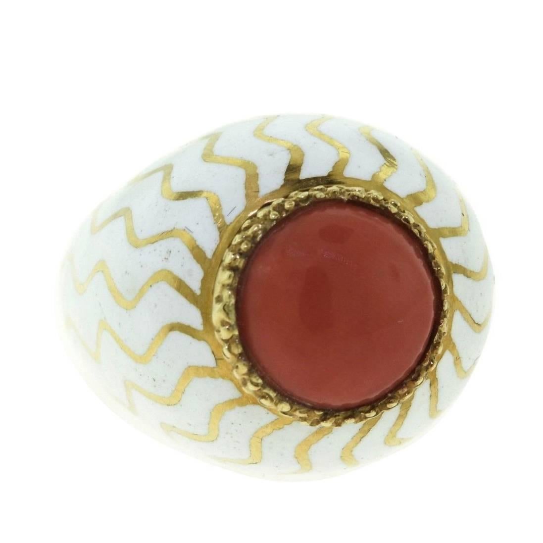 Cabochon Red Coral Cocktail White Enamel Dome Ring in 18 Karat Yellow Gold For Sale