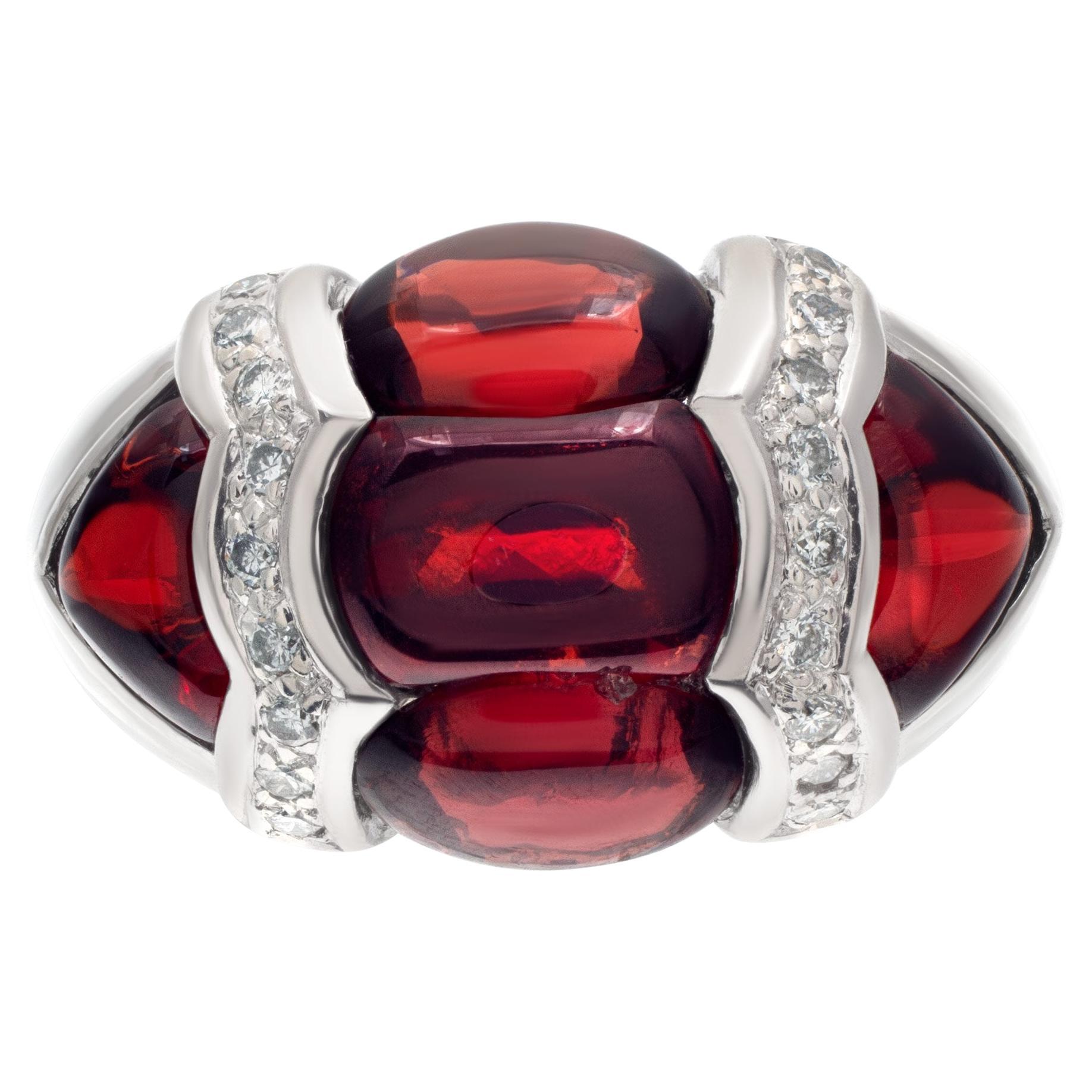 Cabochon Red Garnet Ring with Diamond Accents in 18k White Gold For Sale