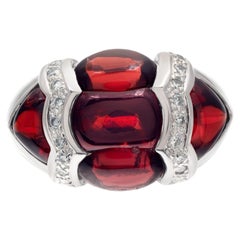 Vintage Cabochon Red Garnet Ring with Diamond Accents in 18k White Gold