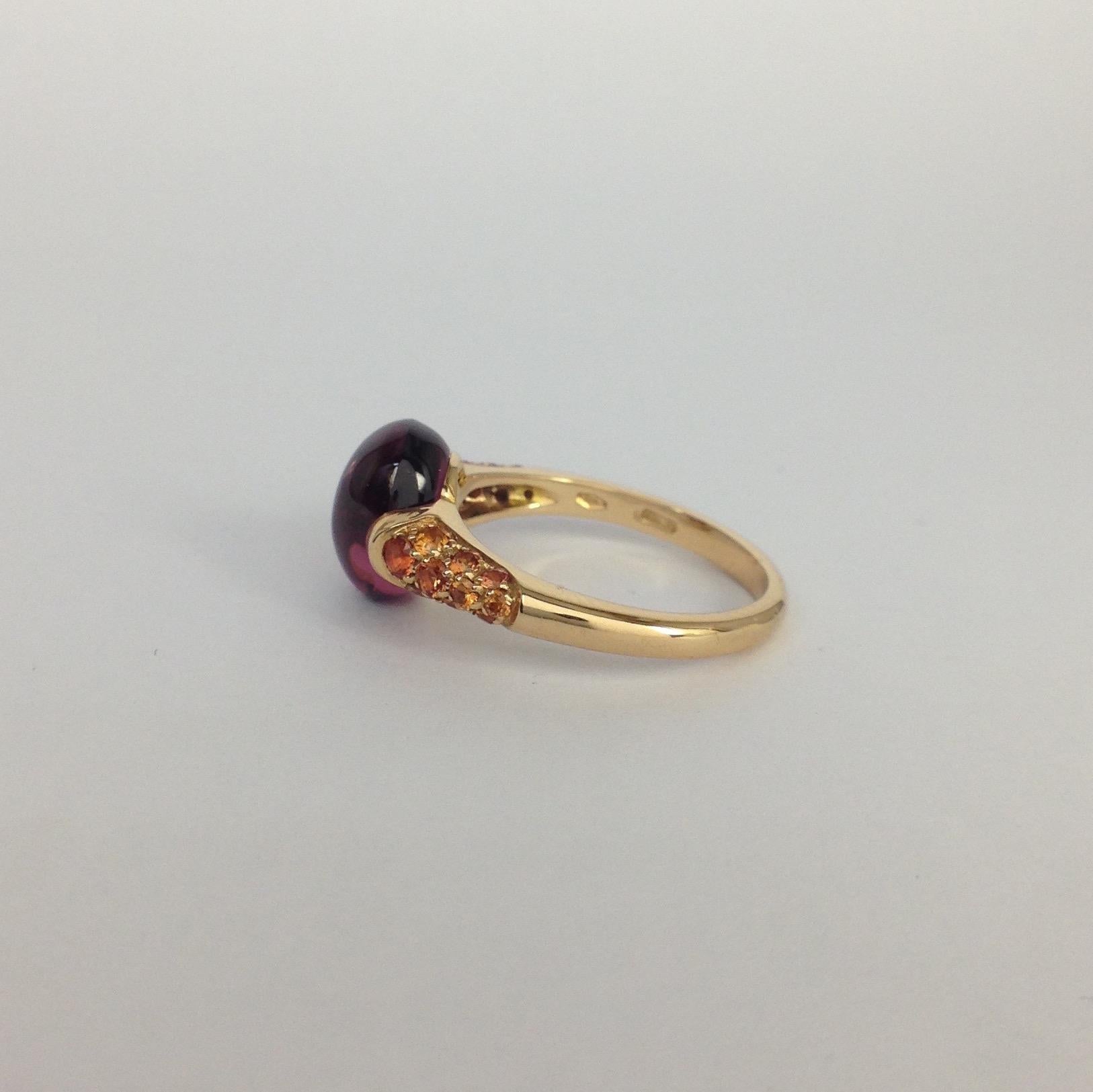 Cabochon Rhodolite Gemstone Orange Sapphire Red 18 Kt Gold Ring Made in Italy For Sale 4
