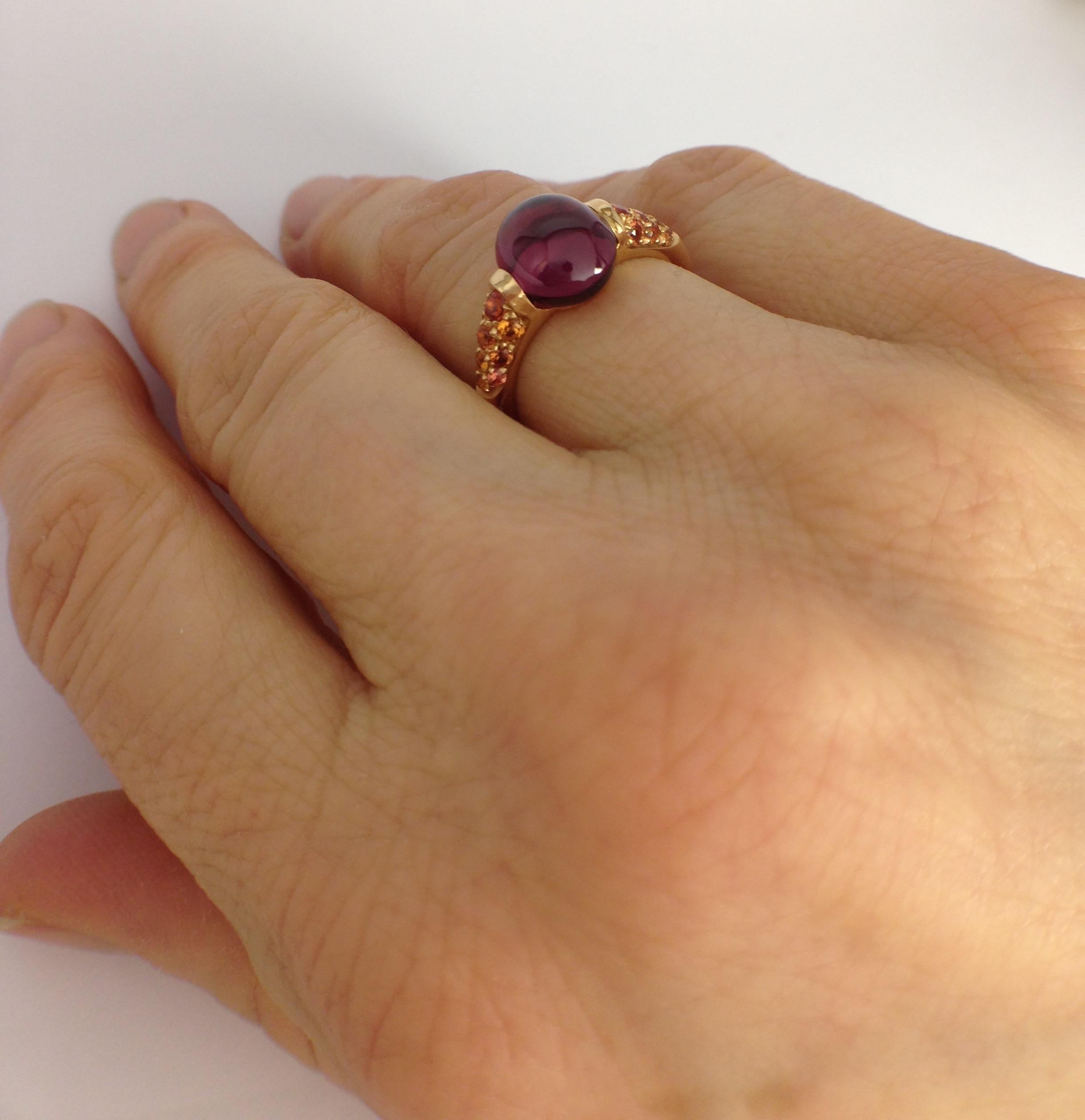 Cabochon Rhodolite Gemstone Orange Sapphire Red 18 Kt Gold Ring Made in Italy For Sale 5