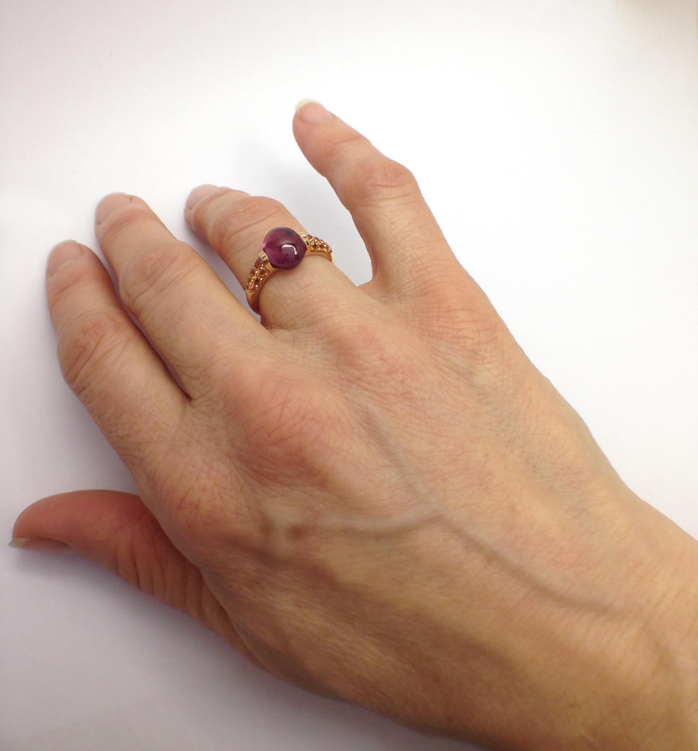 Cabochon Rhodolite Gemstone Orange Sapphire Red 18 Kt Gold Ring Made in Italy For Sale 6