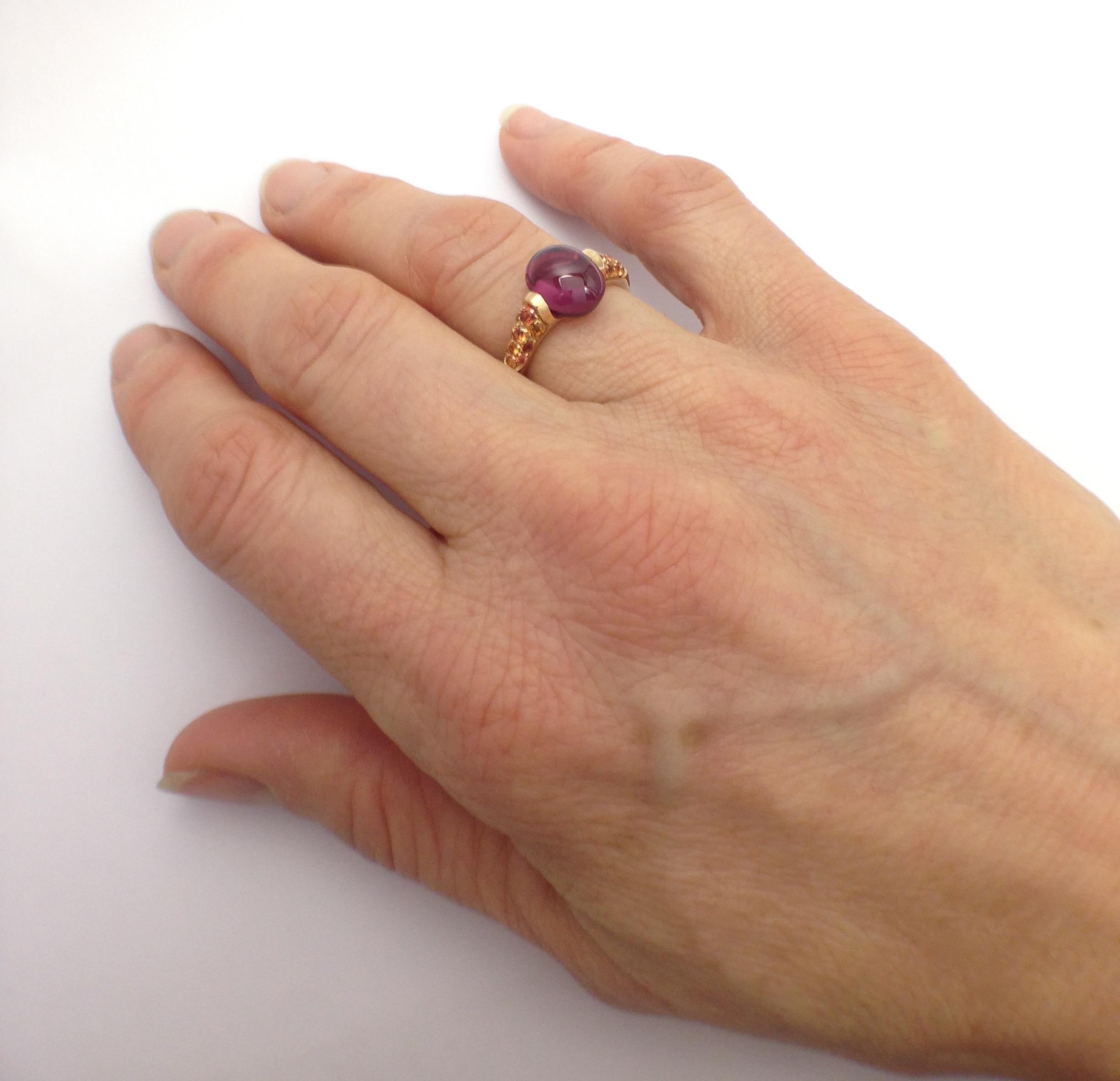 Cabochon Rhodolite Gemstone Orange Sapphire Red 18 Kt Gold Ring Made in Italy For Sale 7