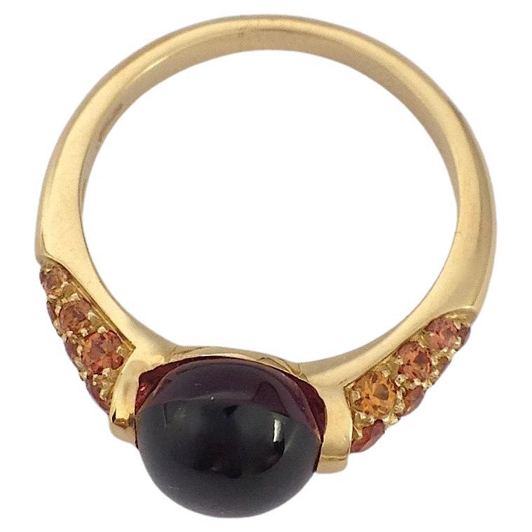 Round Cut Cabochon Rhodolite Gemstone Orange Sapphire Red 18 Kt Gold Ring Made in Italy For Sale