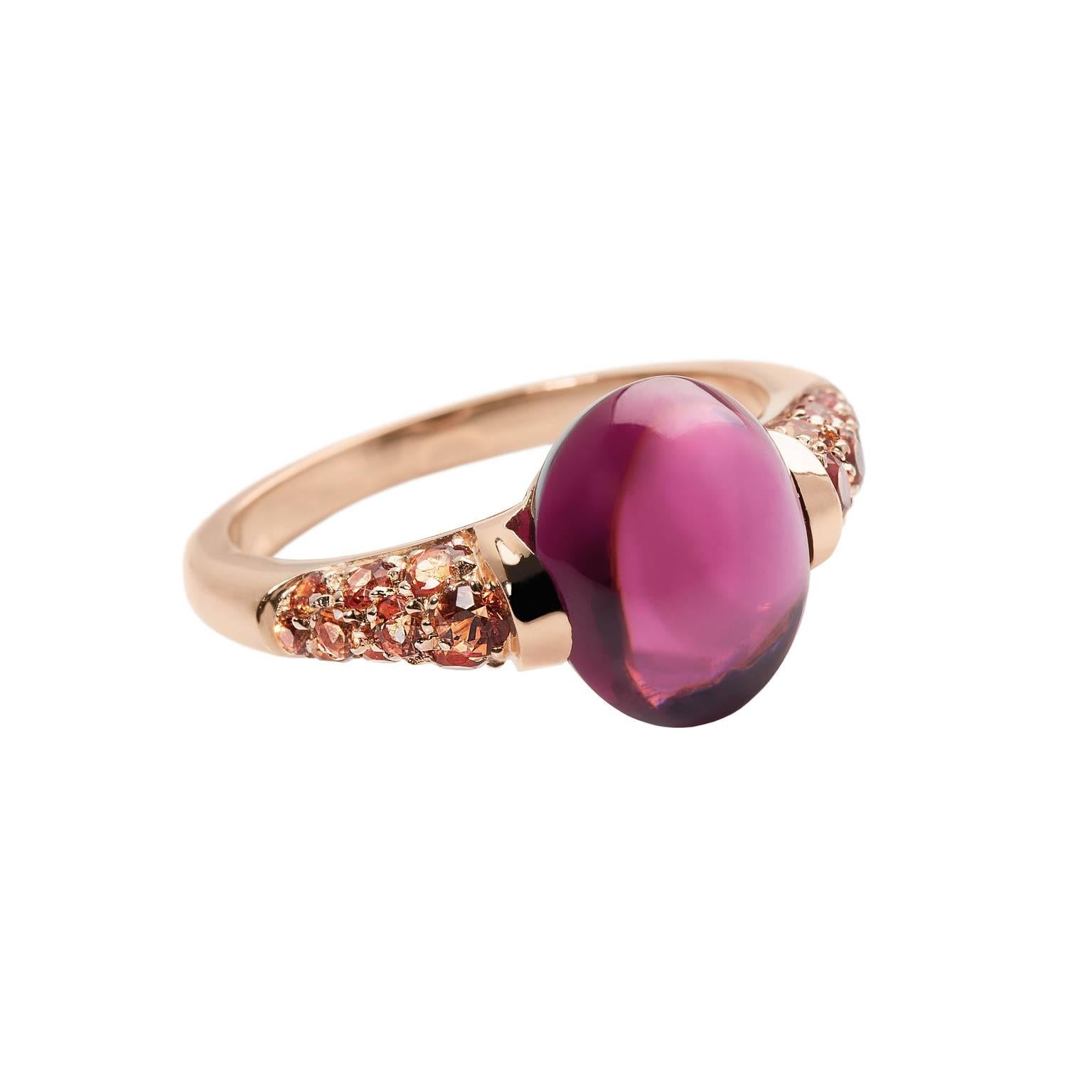Round Cut Cabochon Rhodolite Gemstone Orange Sapphire Red 18 Kt Gold Ring Made in Italy For Sale