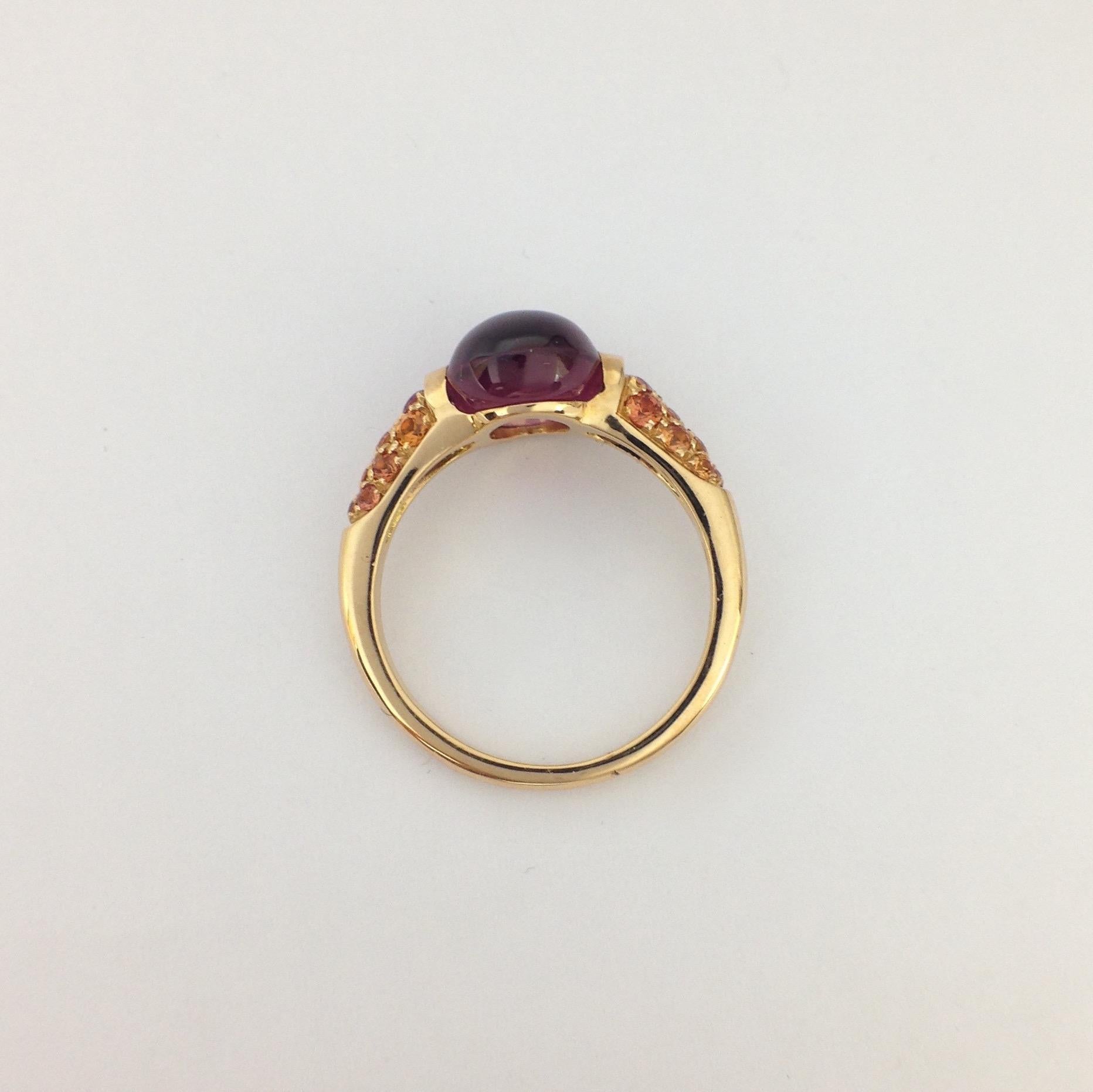 Cabochon Rhodolite Gemstone Orange Sapphire Red 18 Kt Gold Ring Made in Italy For Sale 2