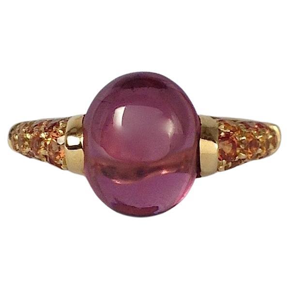 Cabochon Rhodolite Gemstone Orange Sapphire Red 18 Kt Gold Ring Made in Italy For Sale