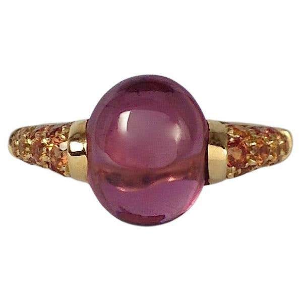 Cabochon Rhodolite Gemstone Orange Sapphire Red 18 Kt Gold Ring Made in ...