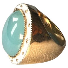 Cabochon Ring Blue Chalcedony White Enamel Cocktail Gold