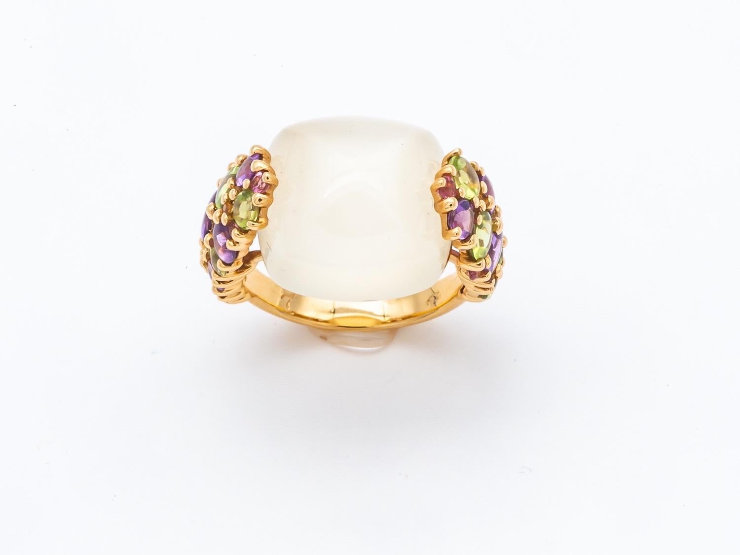 Cabochon Ring Yellow Gold Surmounted by a Peridot Citrine Amethyst Moonstone 2