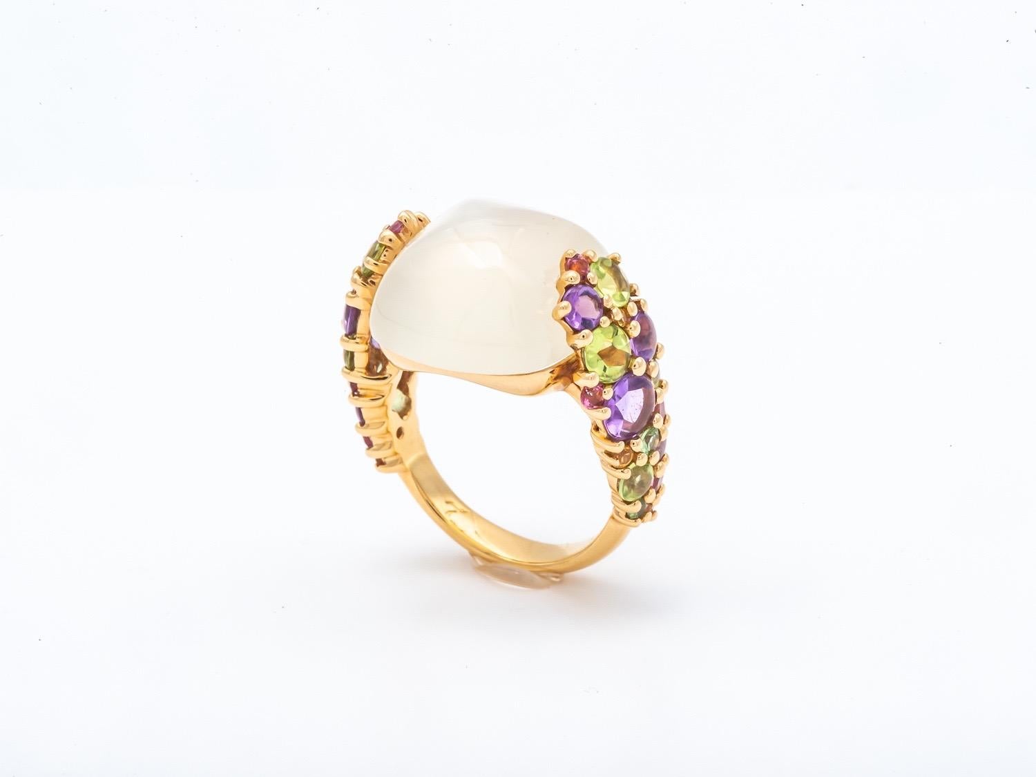 Cabochon Ring Yellow Gold Surmounted by a Peridot Citrine Amethyst Moonstone 3