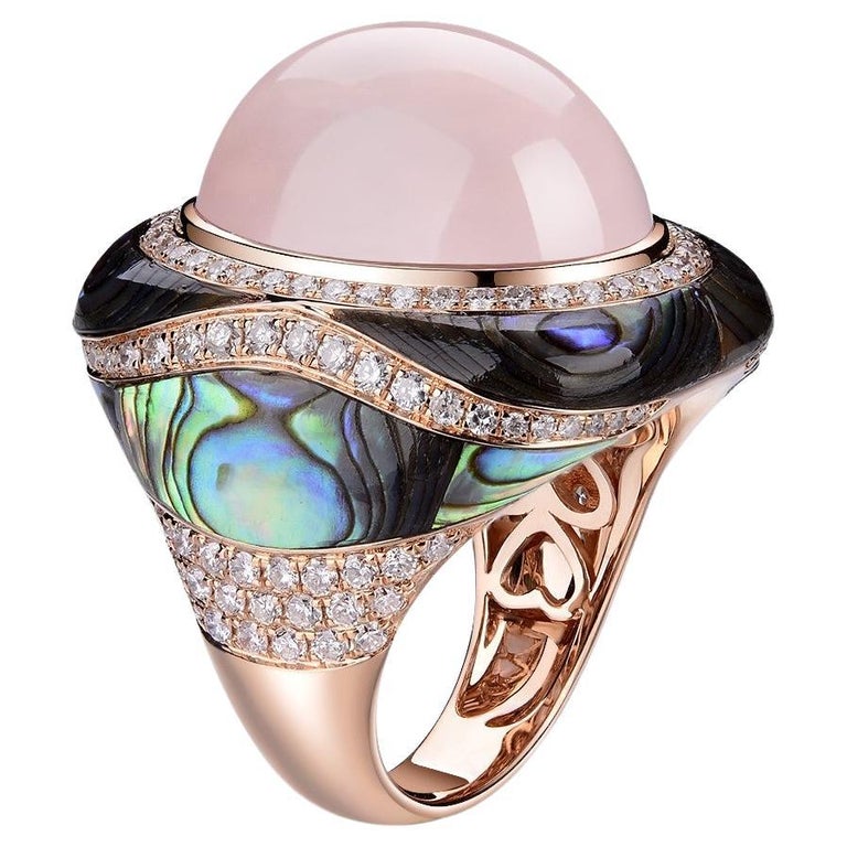 Cabochon Rose Quartz Abalone Shell Diamond Cocktail Ring in 14 Karat ...