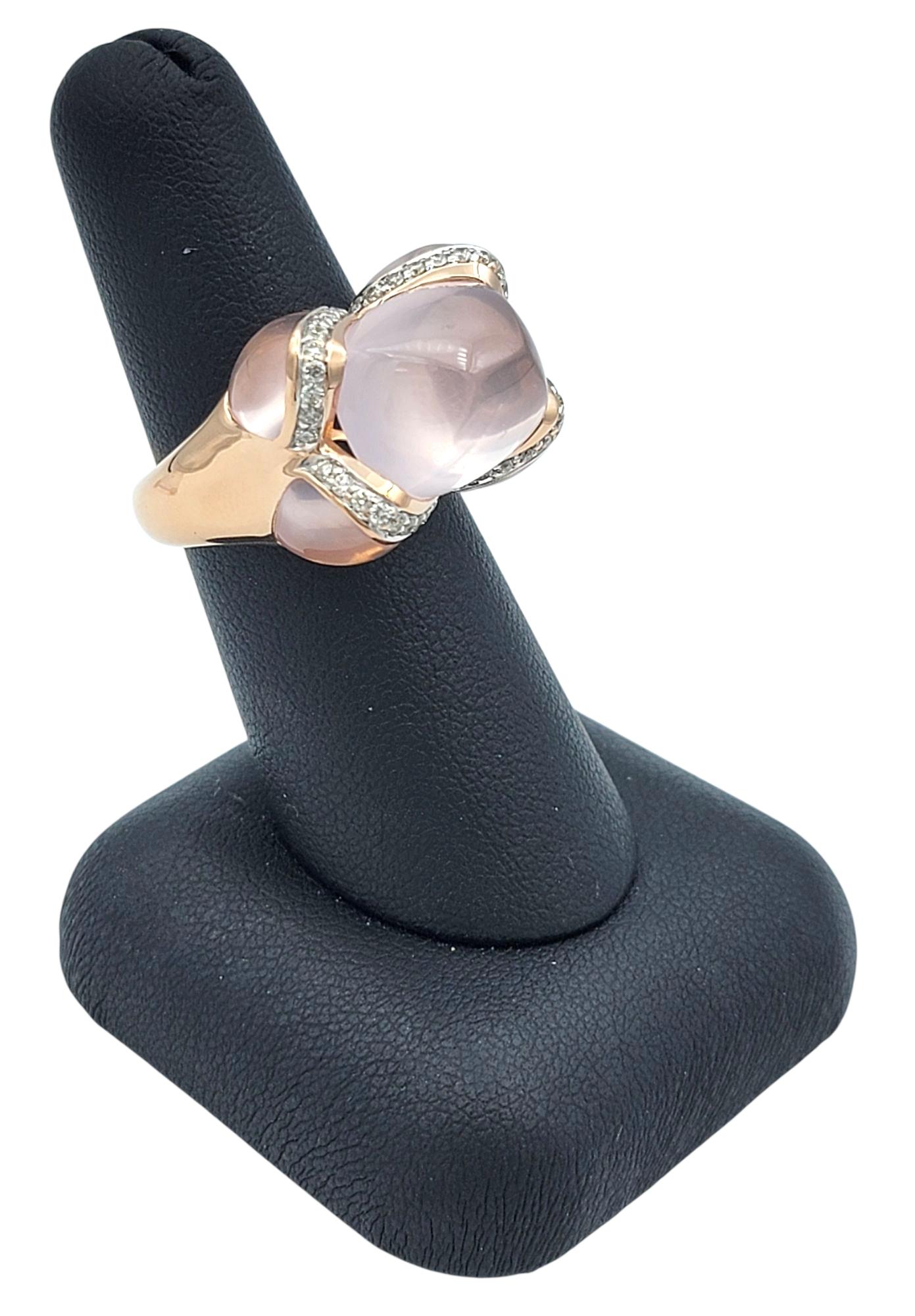 Cabochon Rose Quartz and Diamond Cocktail Ring in Polished 14 Karat Rose Gold For Sale 5