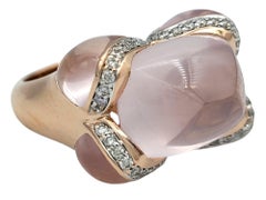 Cabochon Rose Quartz and Diamond Cocktail Ring in Polished 14 Karat Rose Gold