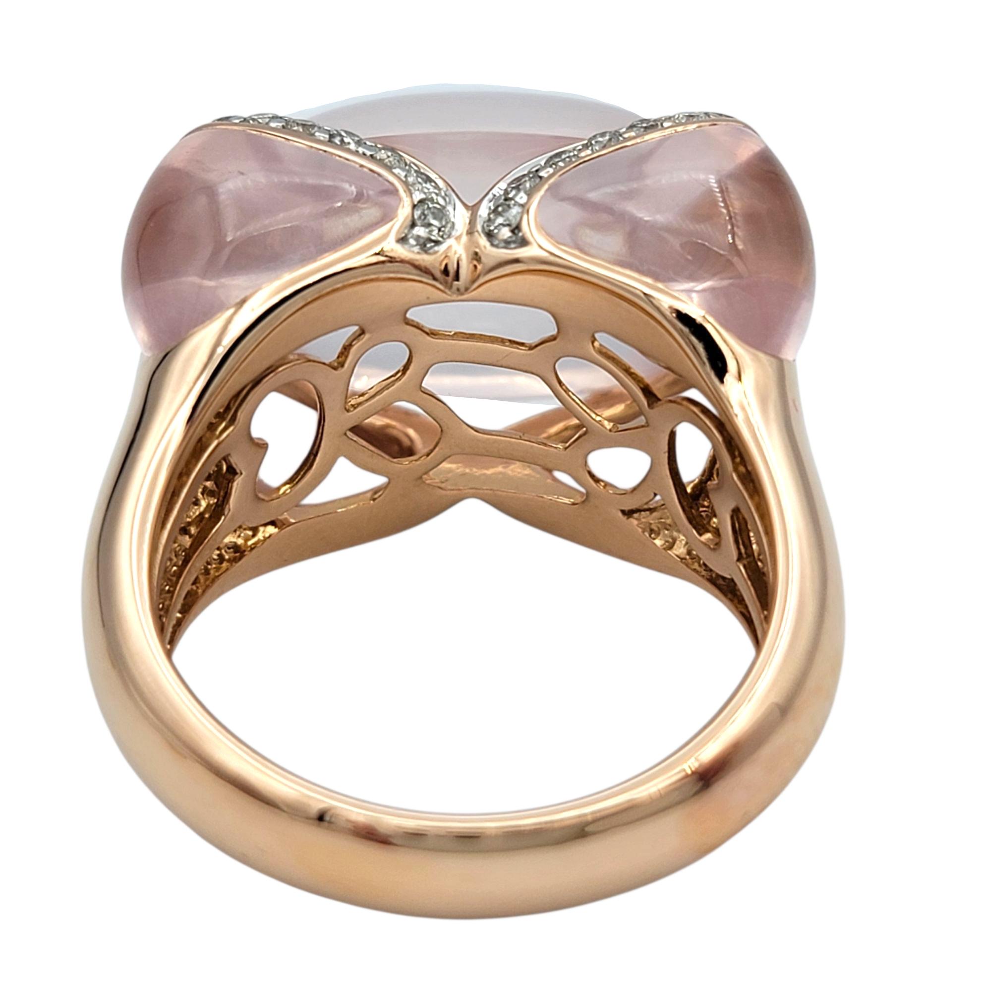 Cabochon Rose Quartz and Diamond Cocktail Ring in Polished 14 Karat Rose Gold For Sale 1