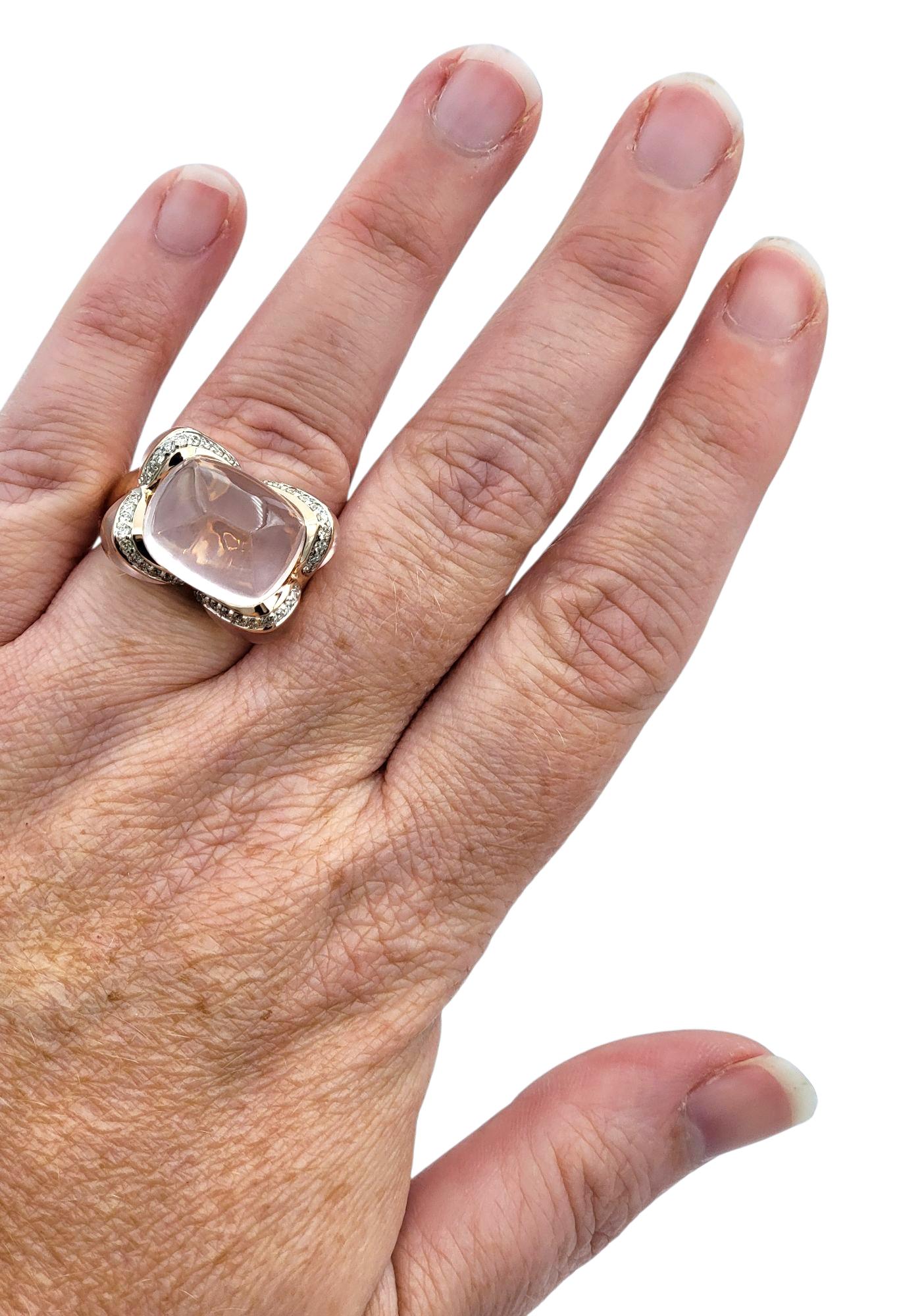 Cabochon Rose Quartz and Diamond Cocktail Ring in Polished 14 Karat Rose Gold For Sale 2