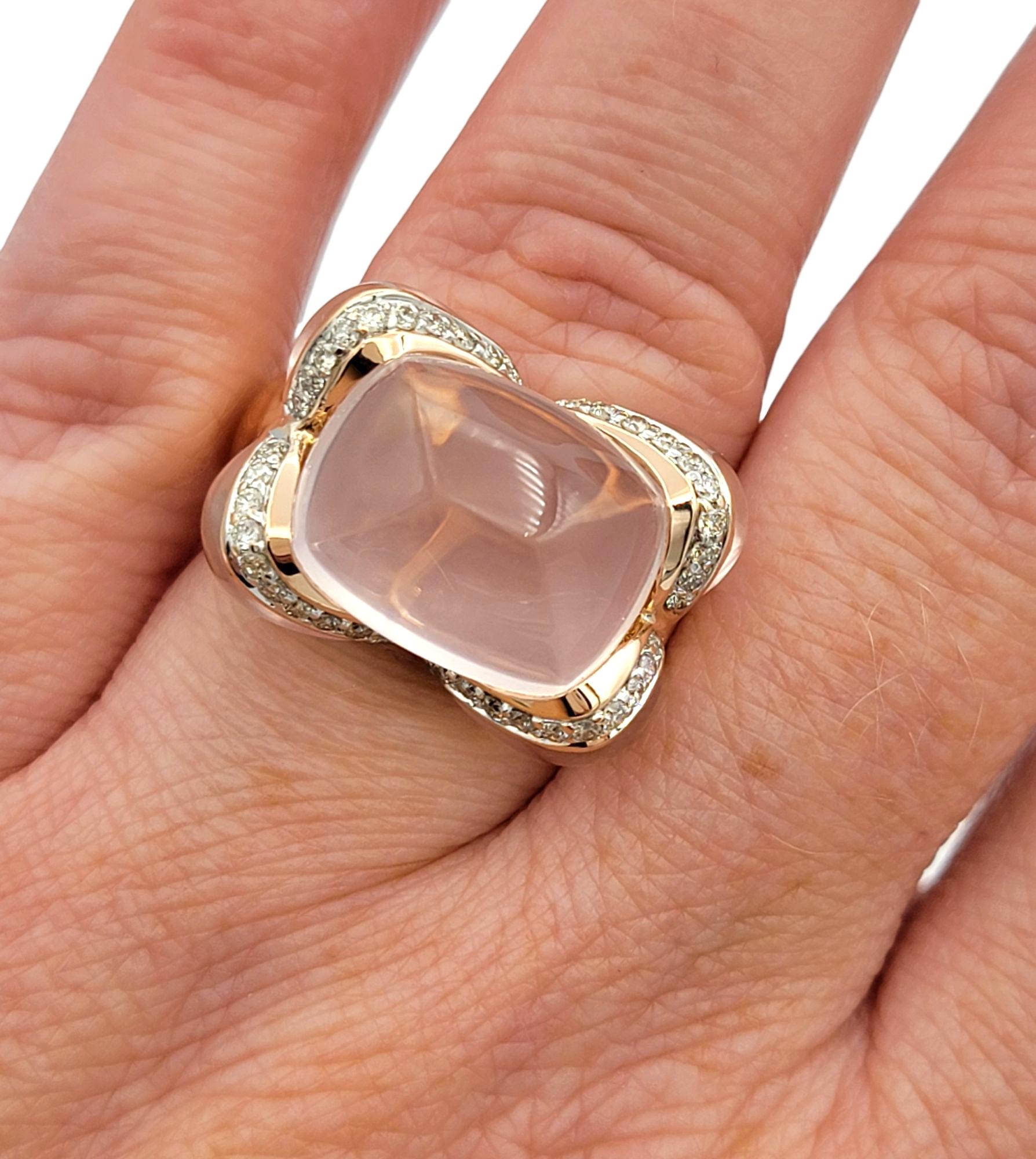 Cabochon Rose Quartz and Diamond Cocktail Ring in Polished 14 Karat Rose Gold For Sale 3
