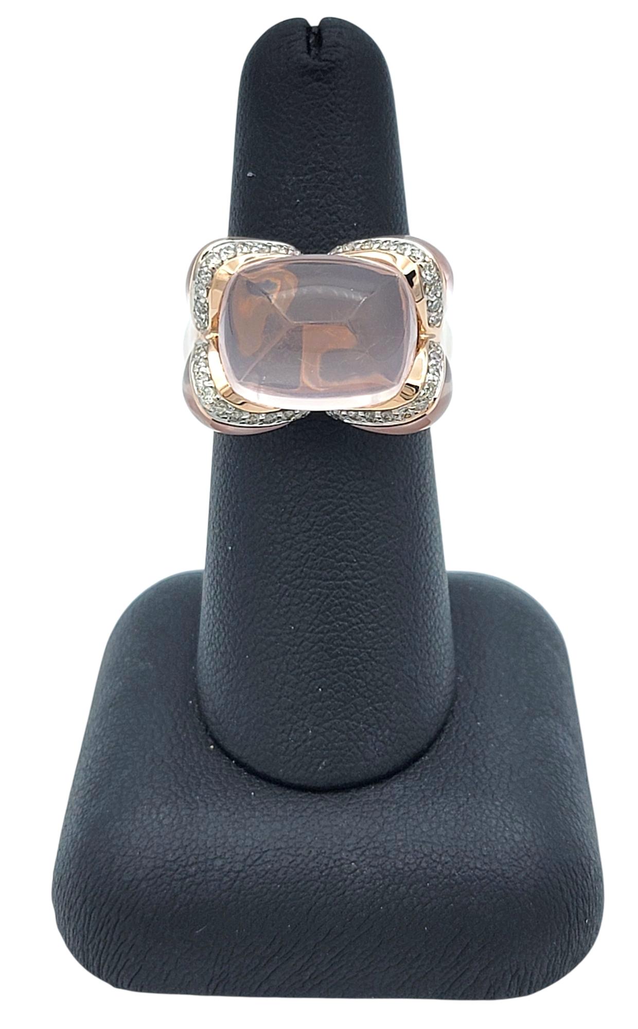 Cabochon Rose Quartz and Diamond Cocktail Ring in Polished 14 Karat Rose Gold For Sale 4