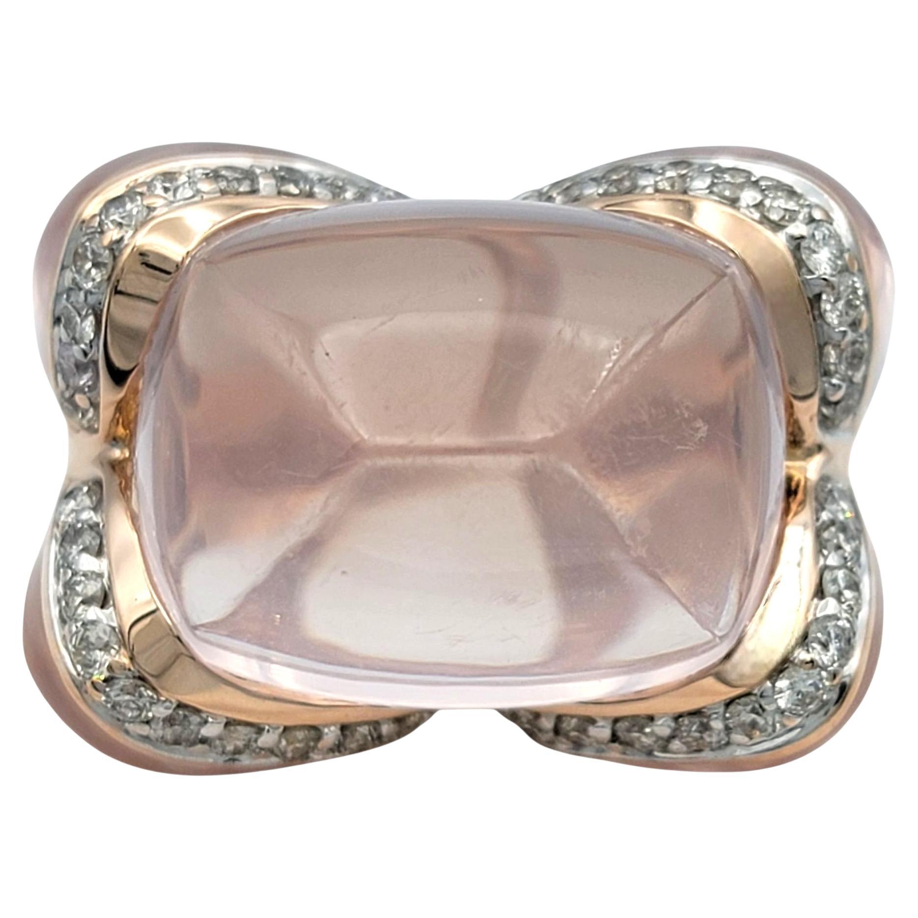 Cabochon Rose Quartz and Diamond Cocktail Ring in Polished 14 Karat Rose Gold For Sale
