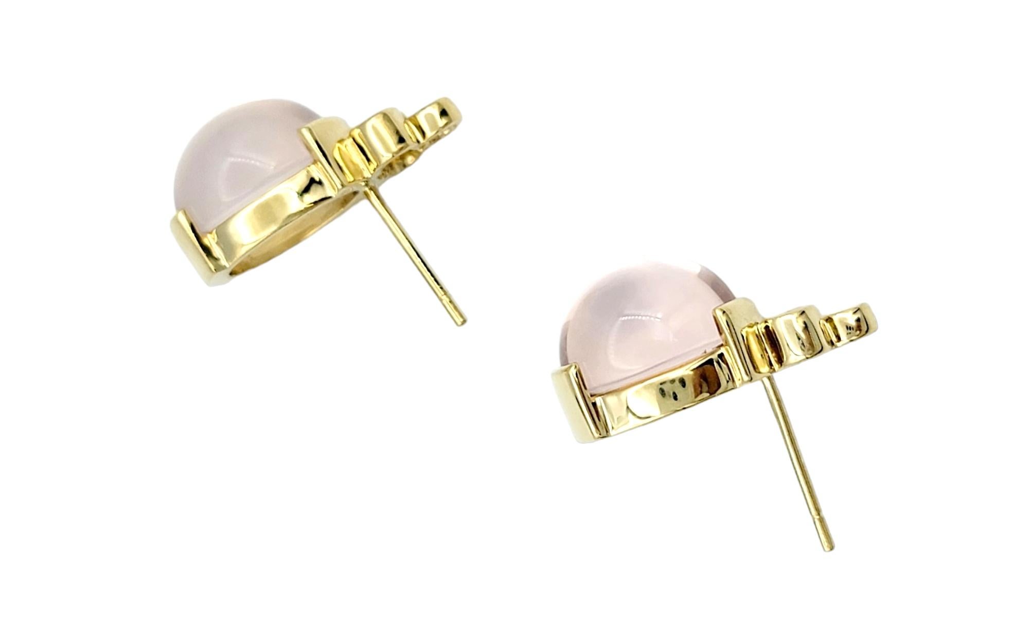 Contemporary Cabochon Rose Quartz and Round Diamond Stud Earrings Set in 14 Karat Yellow Gold For Sale