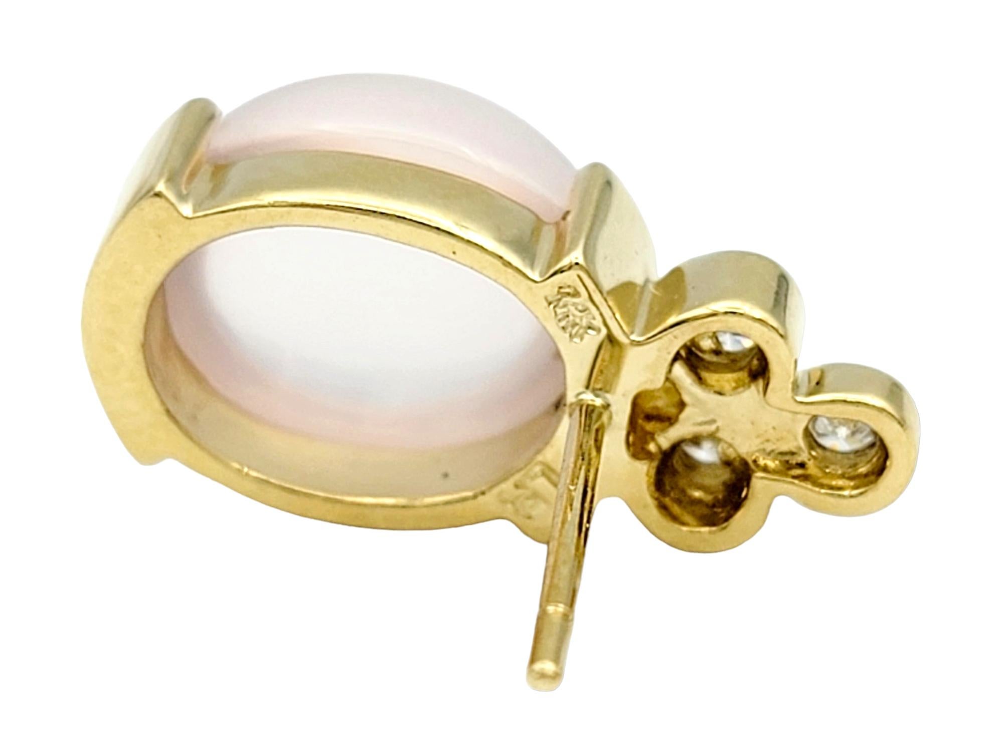 Cabochon Rose Quartz and Round Diamond Stud Earrings Set in 14 Karat Yellow Gold In Good Condition For Sale In Scottsdale, AZ