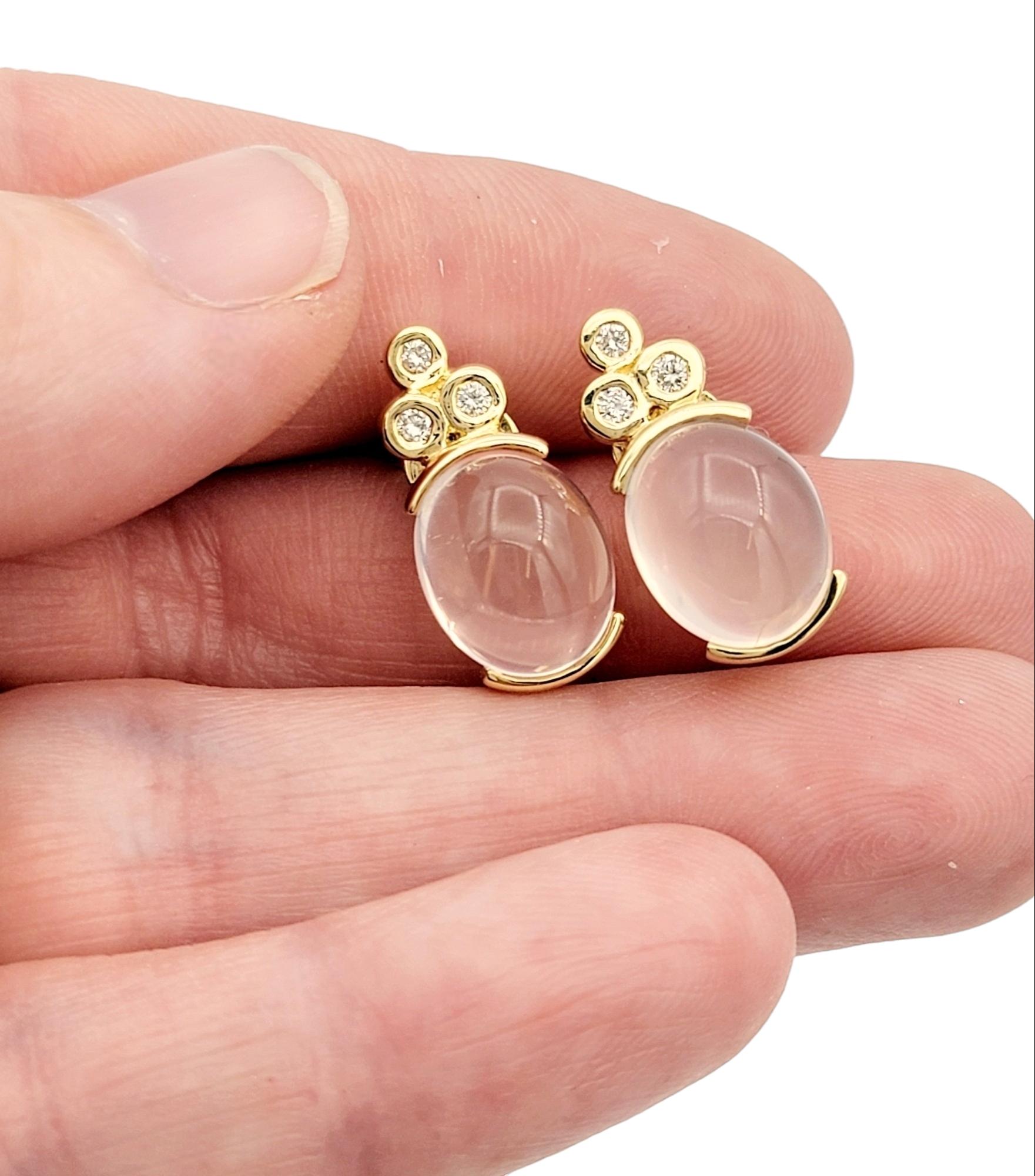 Cabochon Rose Quartz and Round Diamond Stud Earrings Set in 14 Karat Yellow Gold For Sale 1