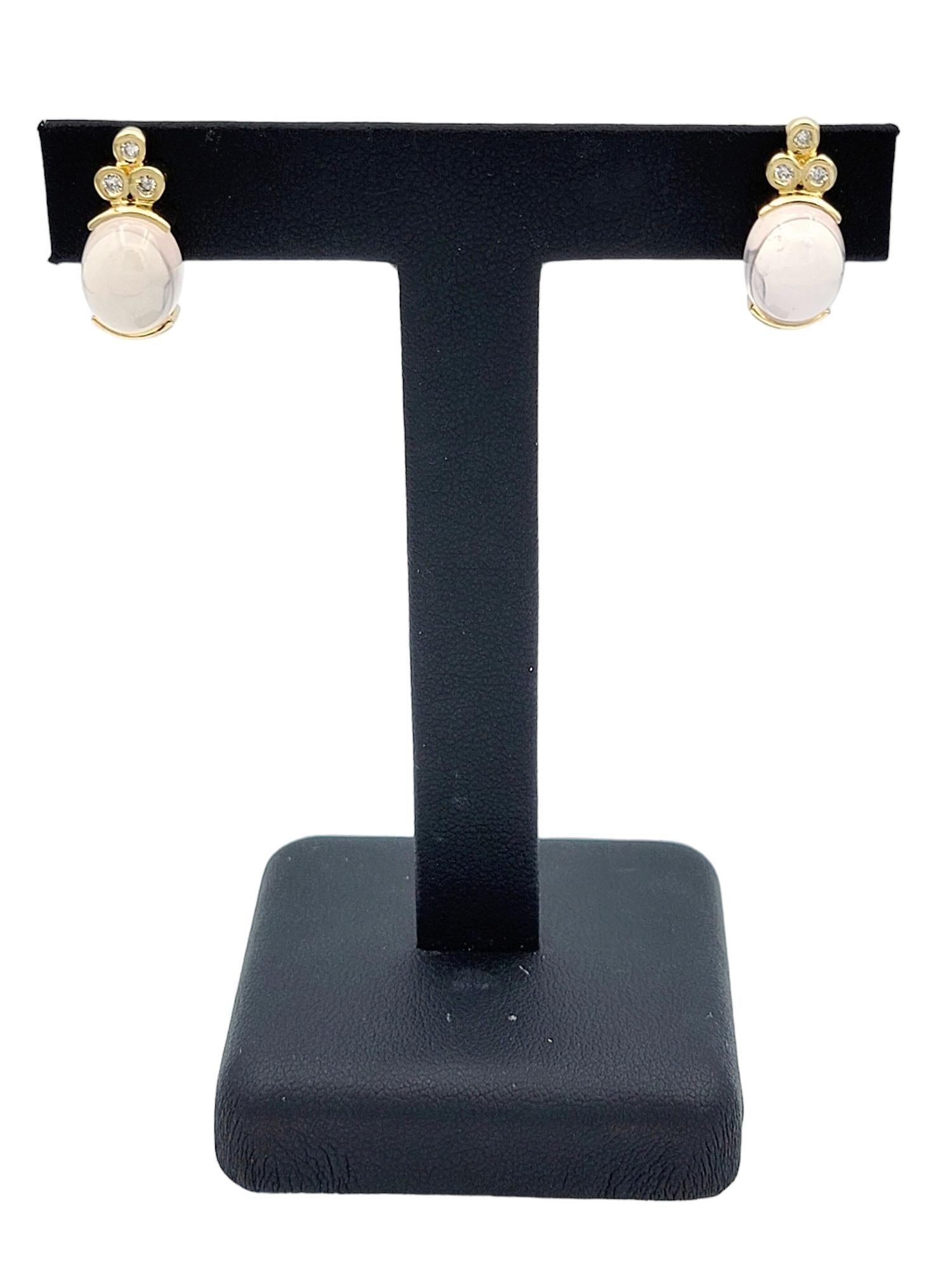 Cabochon Rose Quartz and Round Diamond Stud Earrings Set in 14 Karat Yellow Gold For Sale 2