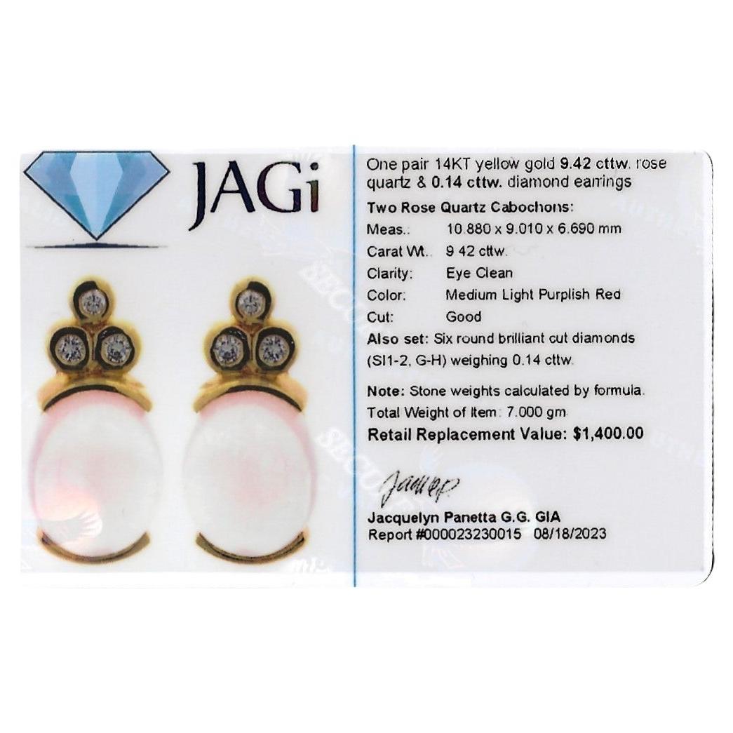 Cabochon Rose Quartz and Round Diamond Stud Earrings Set in 14 Karat Yellow Gold For Sale 3
