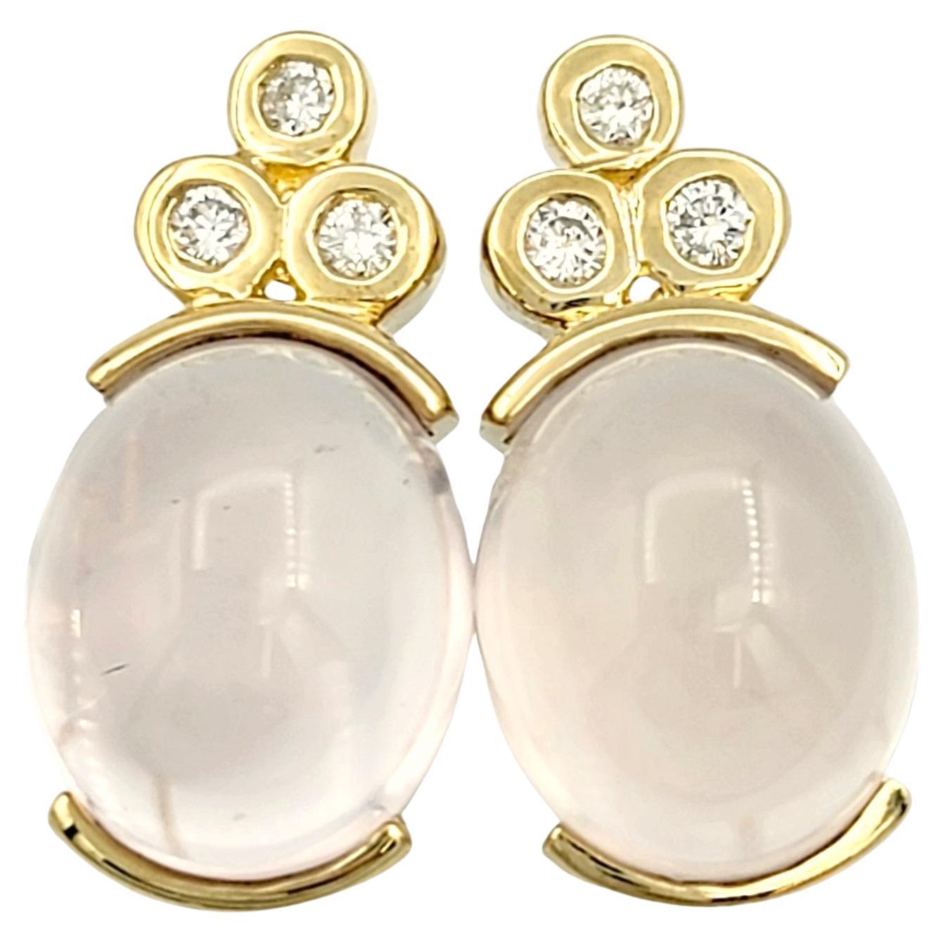 Cabochon Rose Quartz and Round Diamond Stud Earrings Set in 14 Karat Yellow Gold For Sale