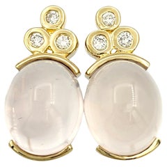 Cabochon Rose Quartz and Round Diamond Stud Earrings Set in 14 Karat Yellow Gold