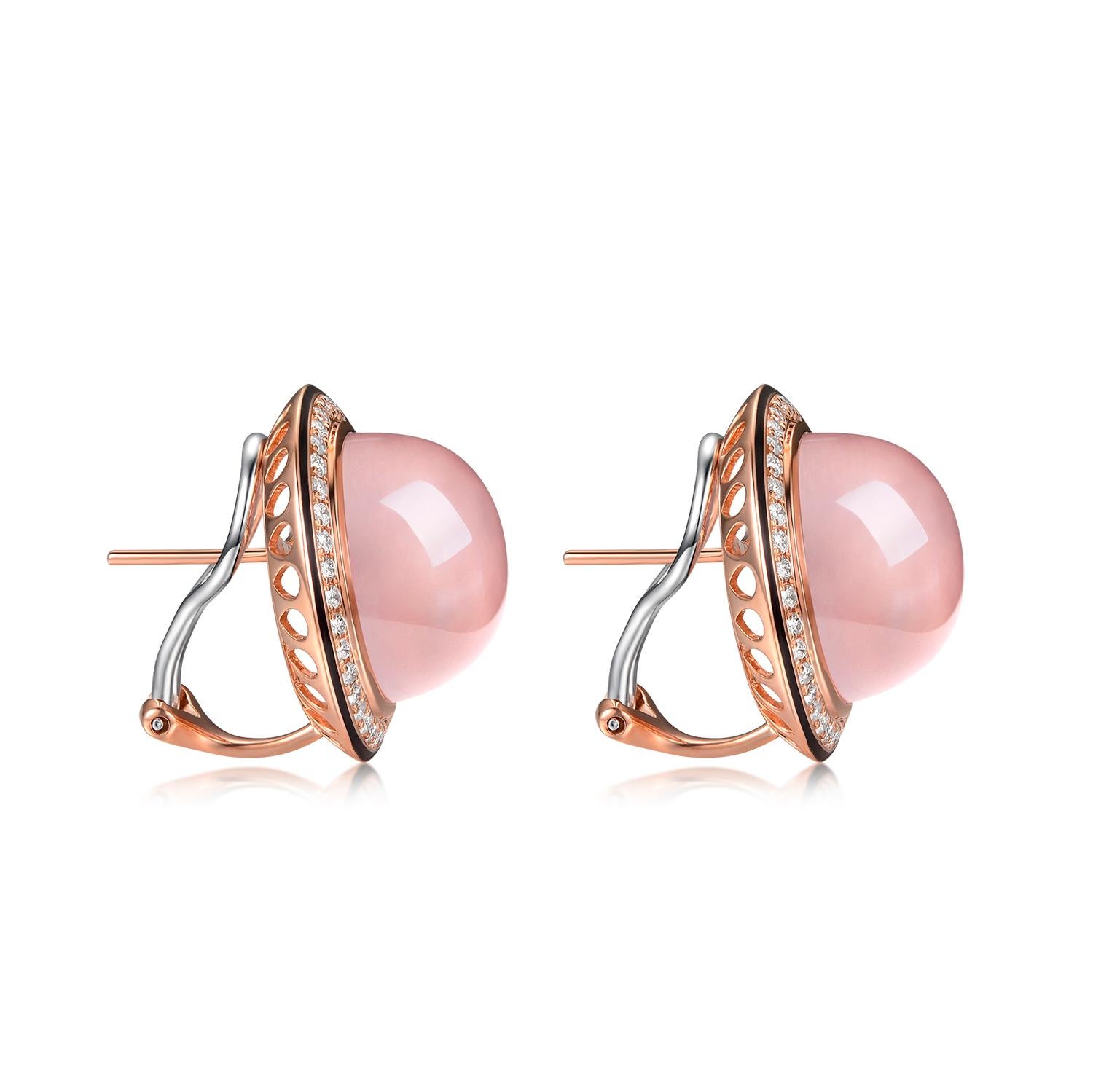 This earrings feature  42.67 carats oval cabochon rose quartz, rose quartz are set in bezel setting; rose quartz are surrounded by a diamond halo and black enamel outside the diamond halo. Earrings are set in 18 karat rose gold. Matching ring is