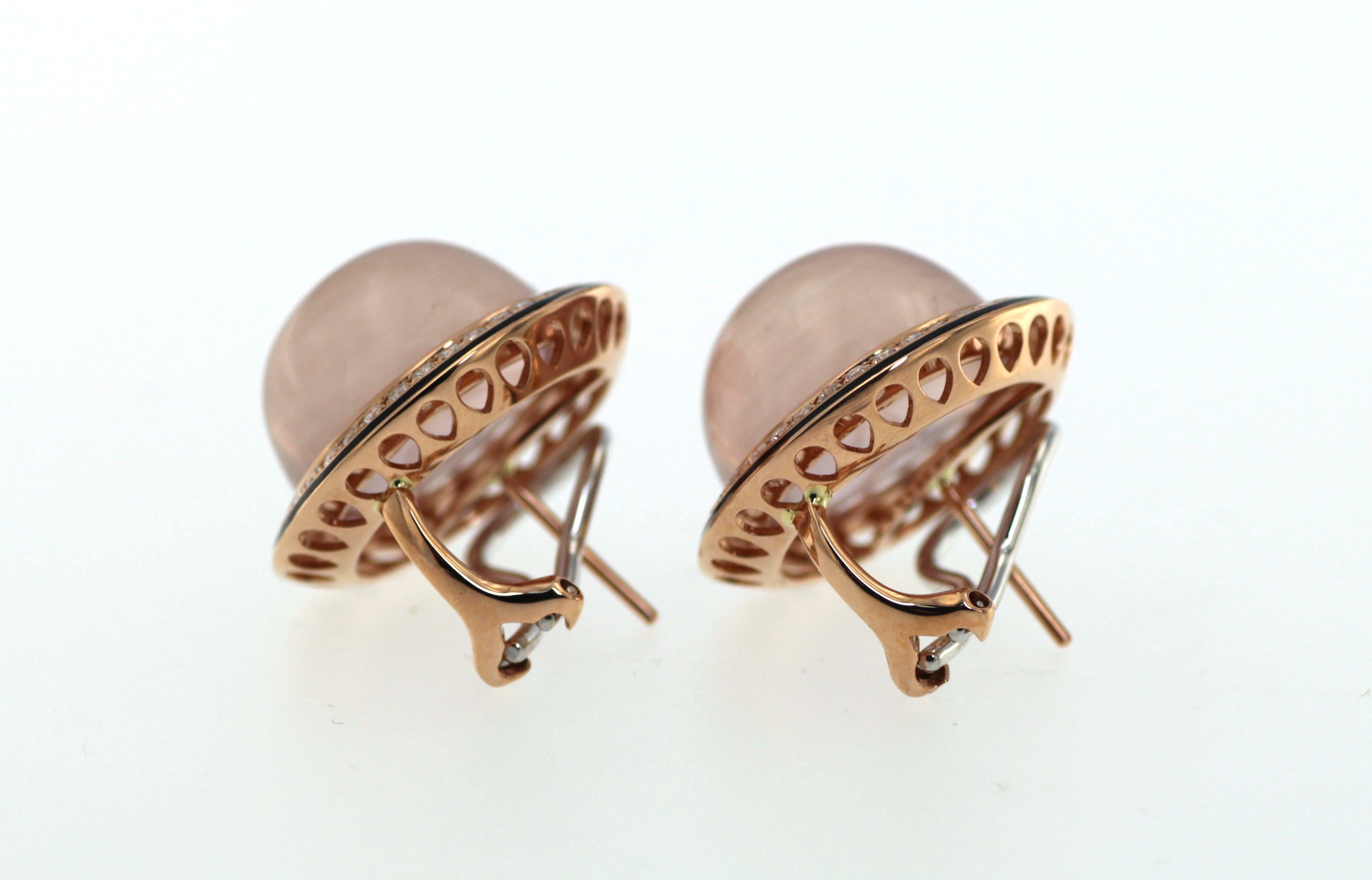 Women's Cabochon Rose Quartz Diamond Enamel Earrings in 18 Karat Rose Gold