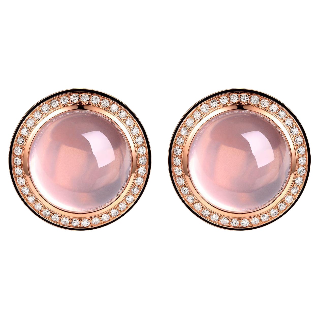 Boucles d'oreilles en or rose 18 carats, quartz rose cabochon, diamant et émail
