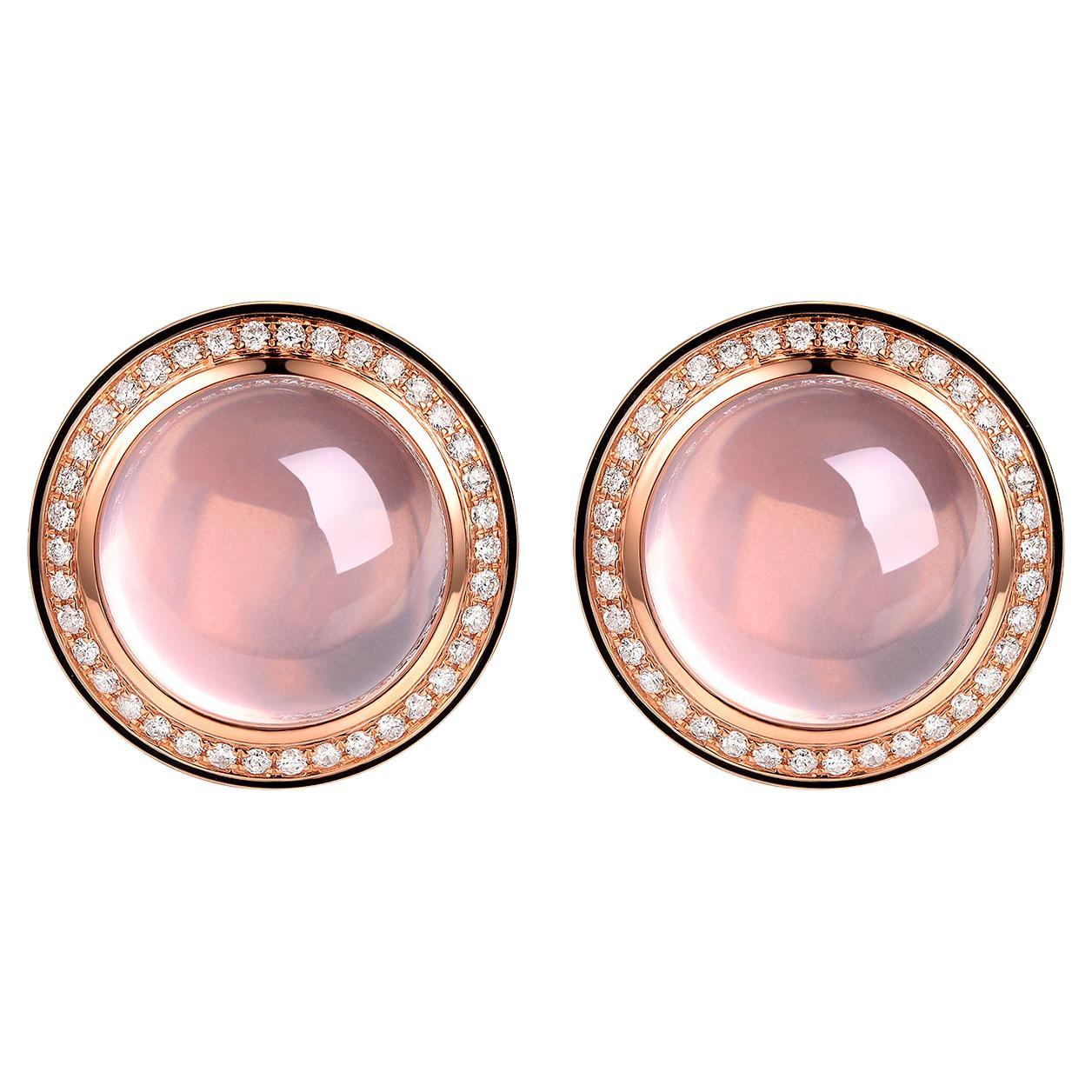 Cabochon Rose Quartz Diamond Enamel Earrings in 18 Karat Rose Gold