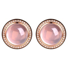 Cabochon Rose Quartz Diamond Enamel Earrings in 18 Karat Rose Gold