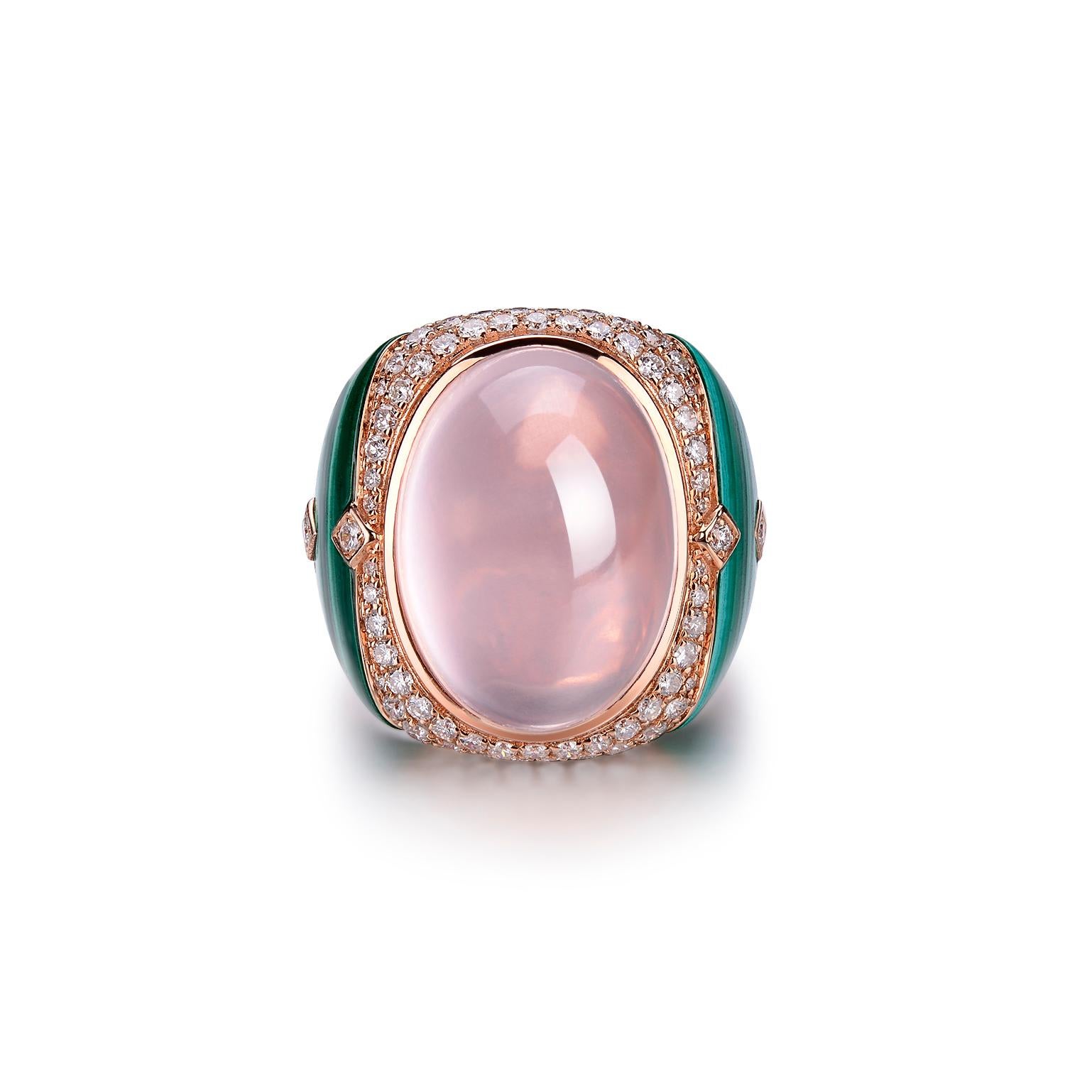 This ring features 20.45 carats of rose quartz in the center. Rose quartz set in bezel setting assented with double diamond halo. Malachite are handcrafted by our craftsman that fit perfectly into the gold mounting. 
Matching earrings are available,