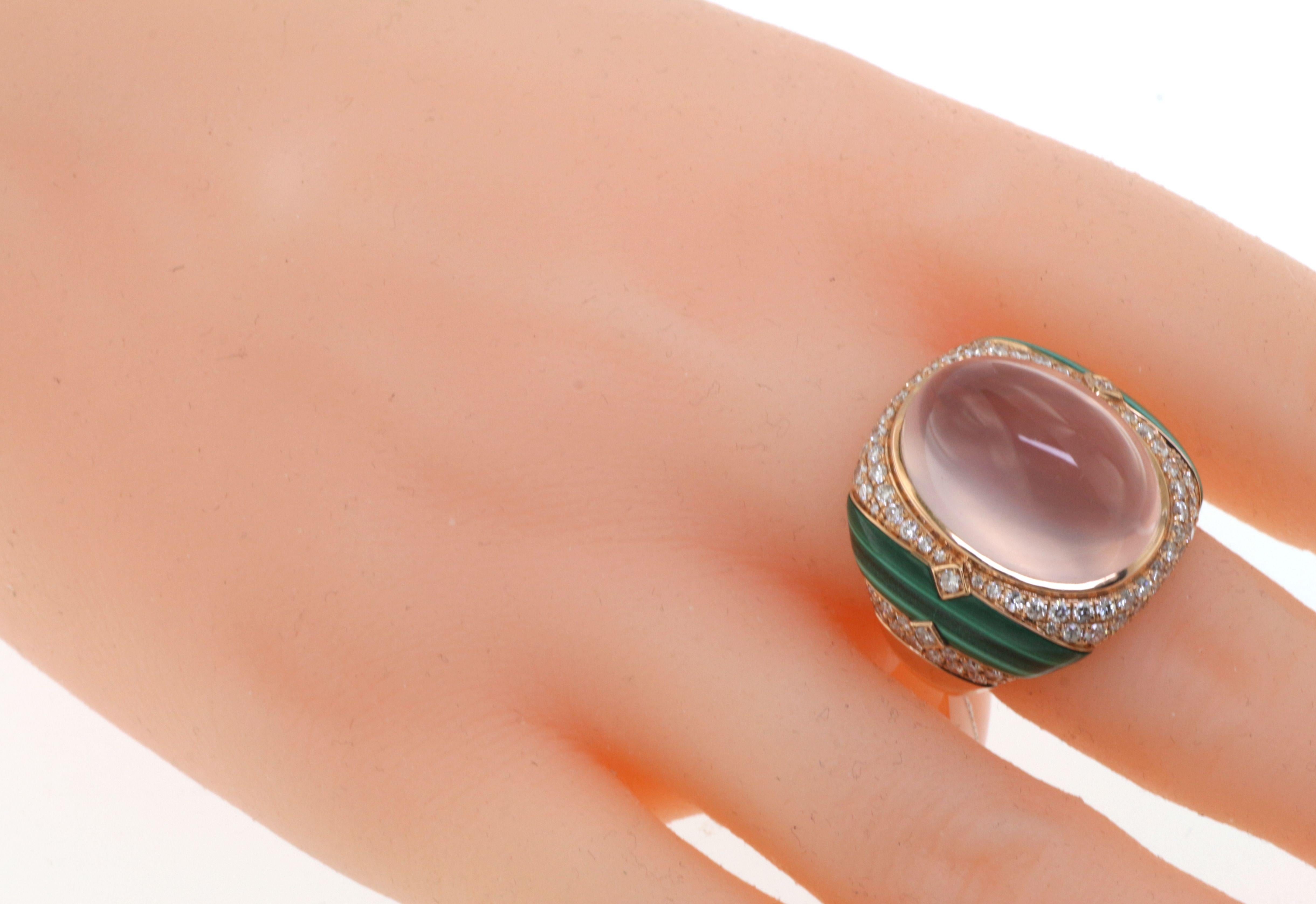 Modern Cabochon Rose Quartz Malachite Diamond Cocktail Ring in 18 Karat Rose Gold