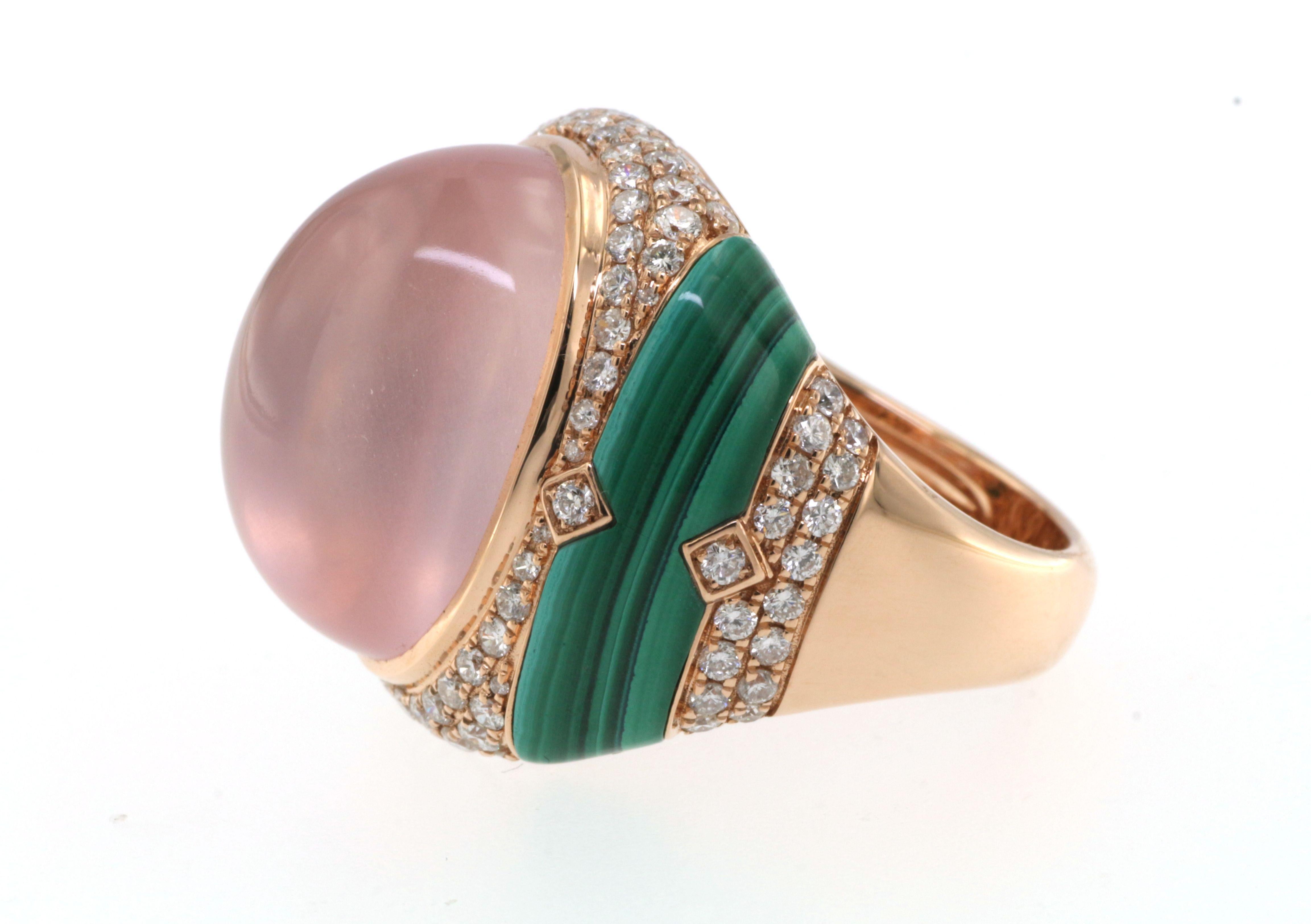 Women's Cabochon Rose Quartz Malachite Diamond Cocktail Ring in 18 Karat Rose Gold