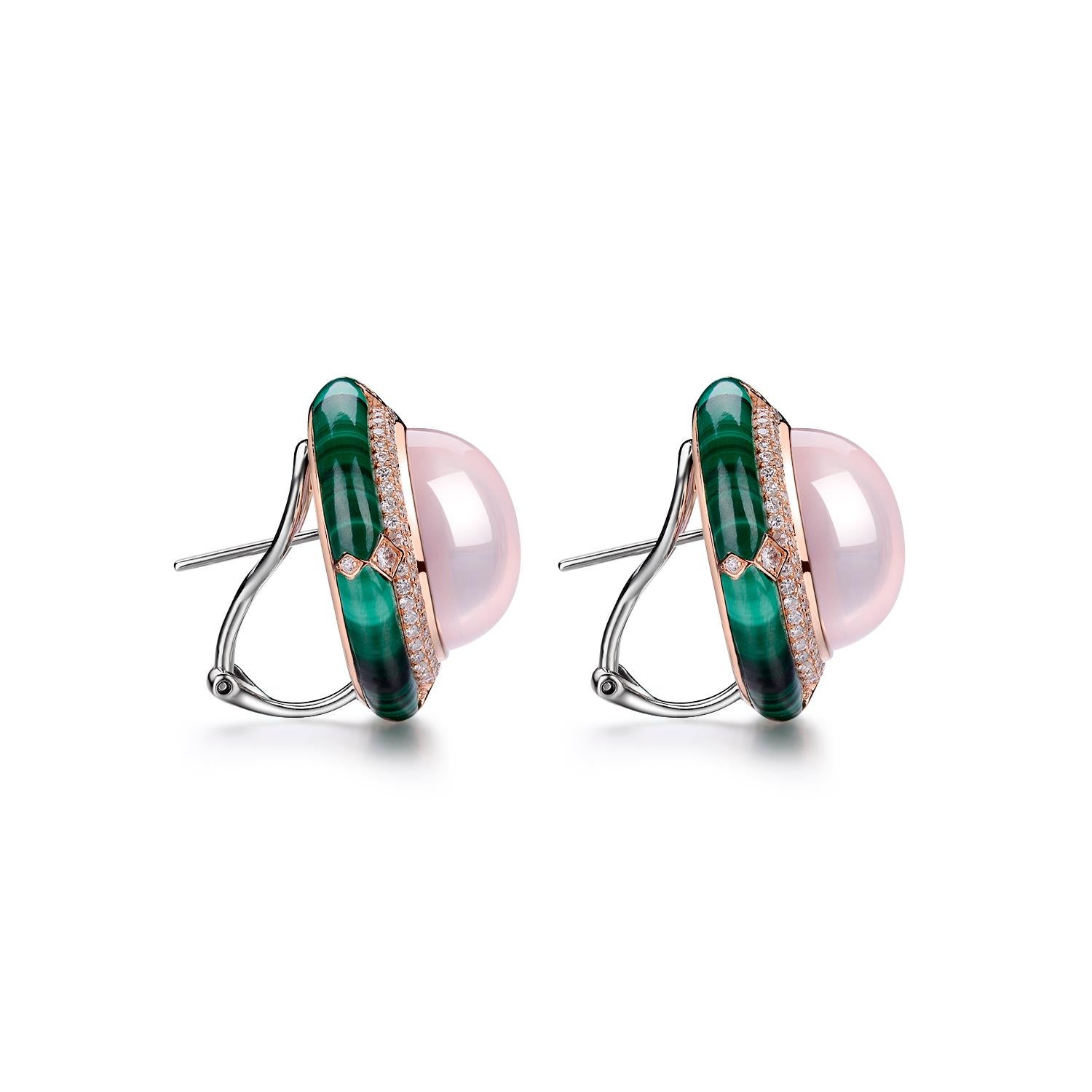 This earrings feature 22.96 carats of rose quartz in the center. Rose quartz set in bezel setting assented with double diamond halo. Malachite are handcrafted by our craftsman that fit perfectly into the gold mounting. 
Matching ring is available,