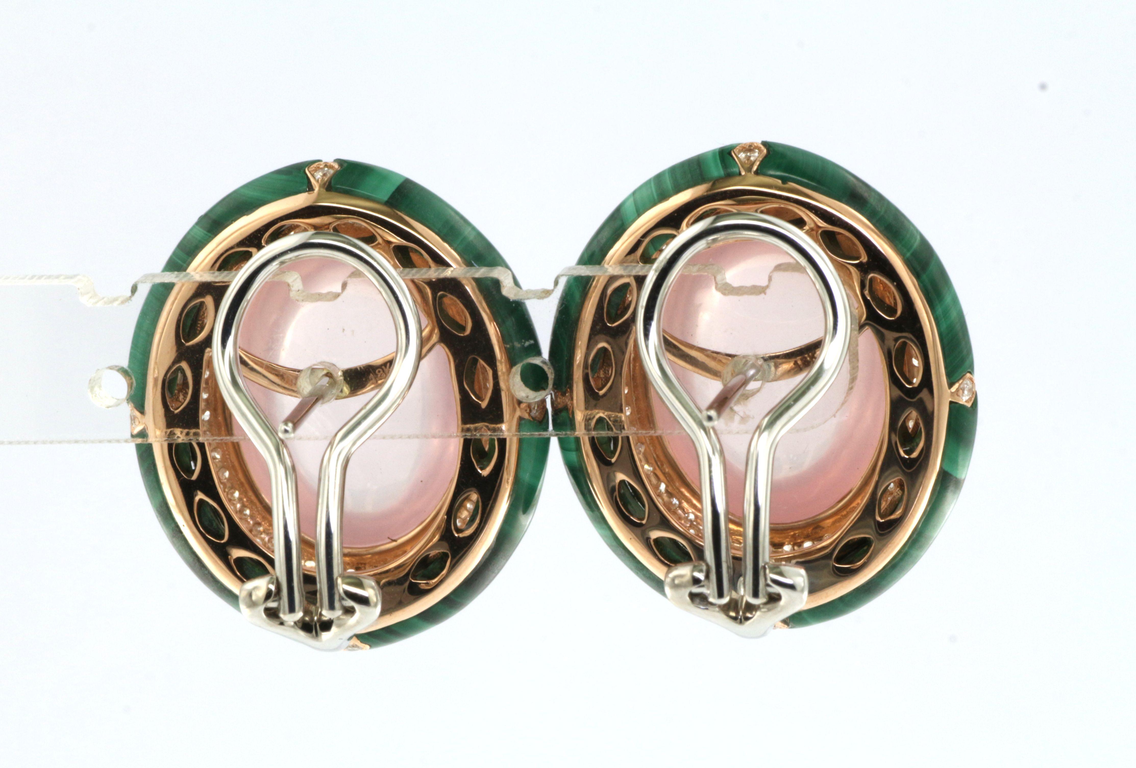 Artisan Cabochon Rose Quartz Malachite Diamond Earring in 18 Karat Rose Gold