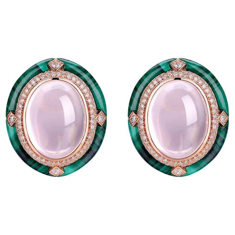 Cabochon Rose Quartz Malachite Diamond Earring in 18 Karat Rose Gold