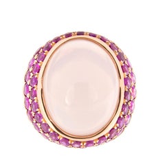 Cabochon Rose Quartz, Pink Sapphire Gold Cocktail Ring