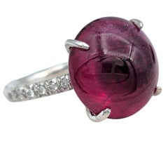 Cabochon Round Red Rubellite Solitaire Ring with Pavé Diamond Band in 18K Gold