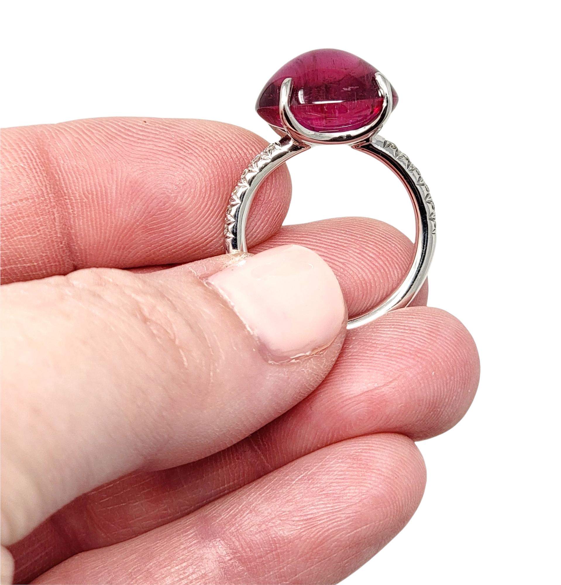 Cabochon Rubelite Solitaire 18 Karat White Gold Cocktail Ring with Pave Diamond For Sale 7