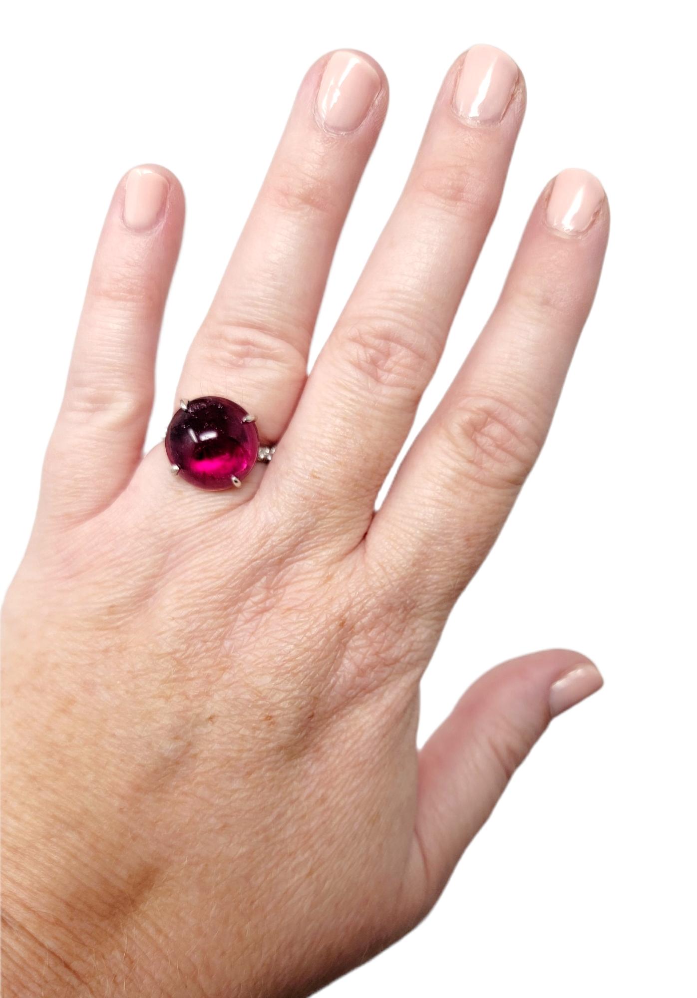 Cabochon Rubelite Solitaire 18 Karat White Gold Cocktail Ring with Pave Diamond For Sale 8