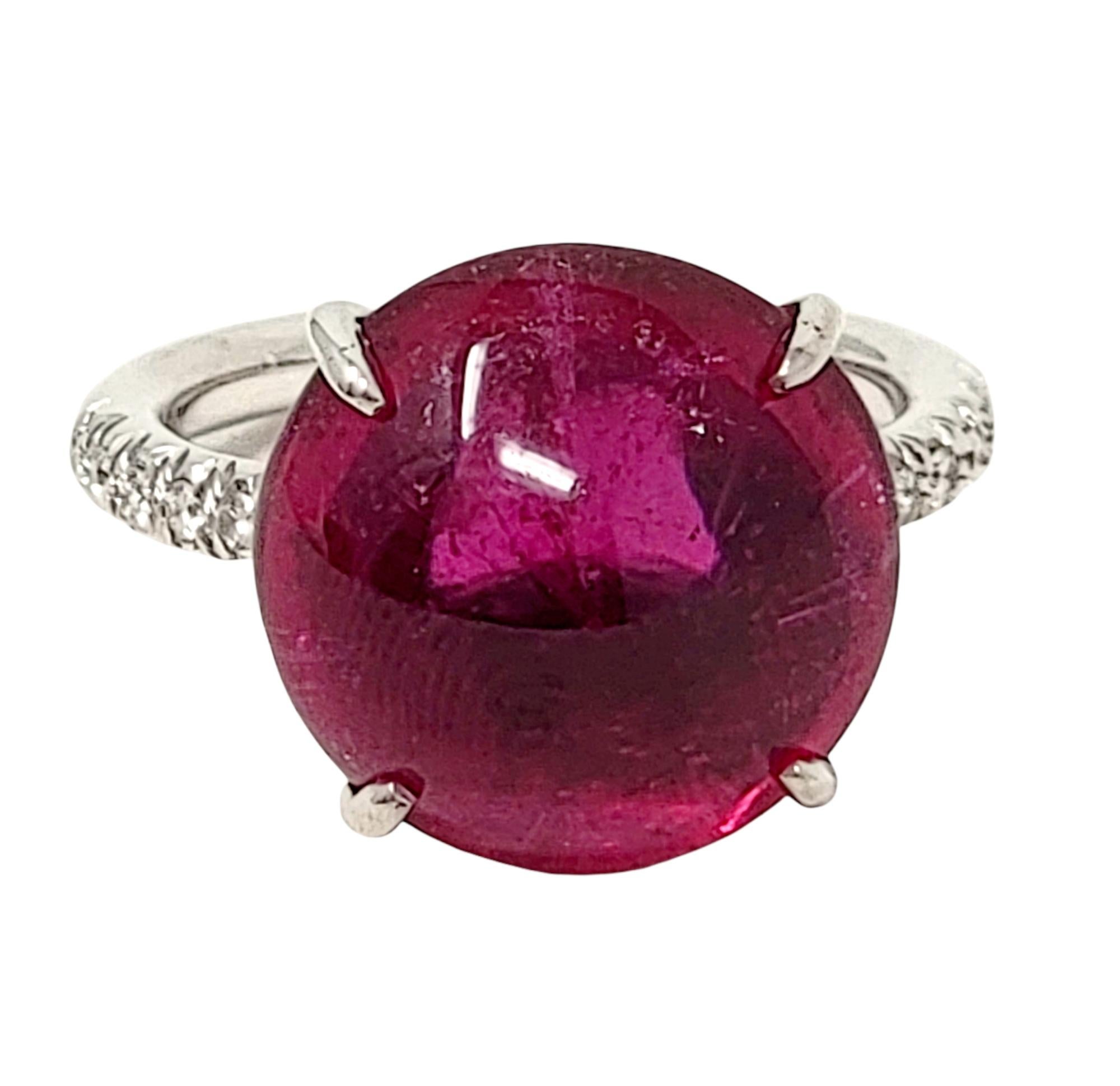 Contemporary Cabochon Rubelite Solitaire 18 Karat White Gold Cocktail Ring with Pave Diamond For Sale