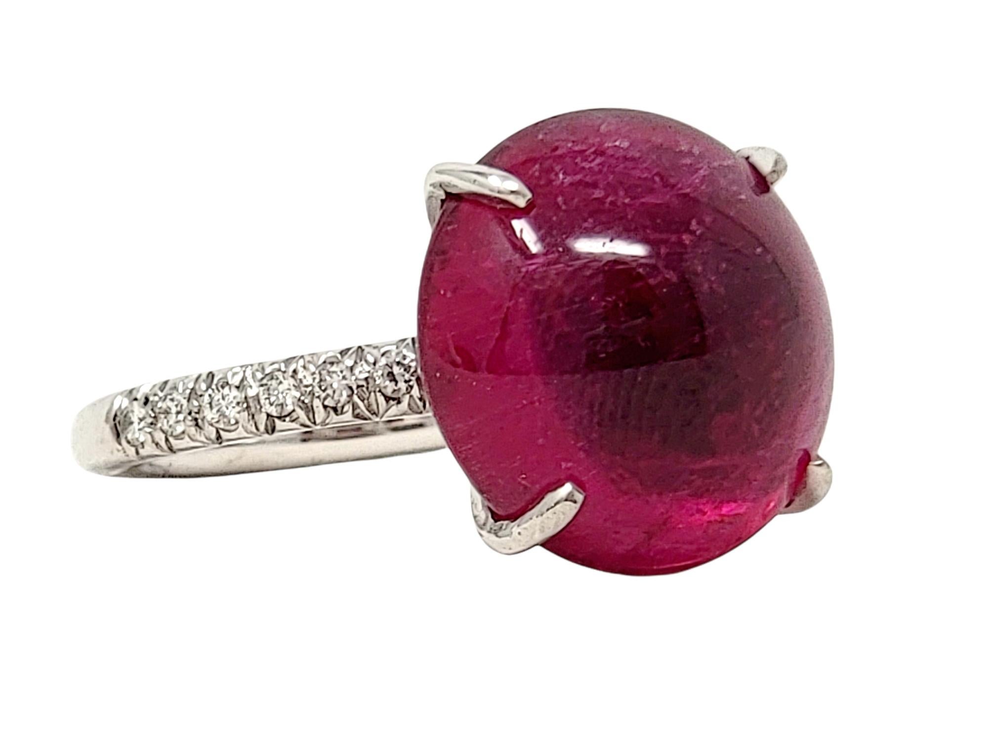 Cabochon Rubelite Solitaire 18 Karat White Gold Cocktail Ring with Pave Diamond In Good Condition For Sale In Scottsdale, AZ